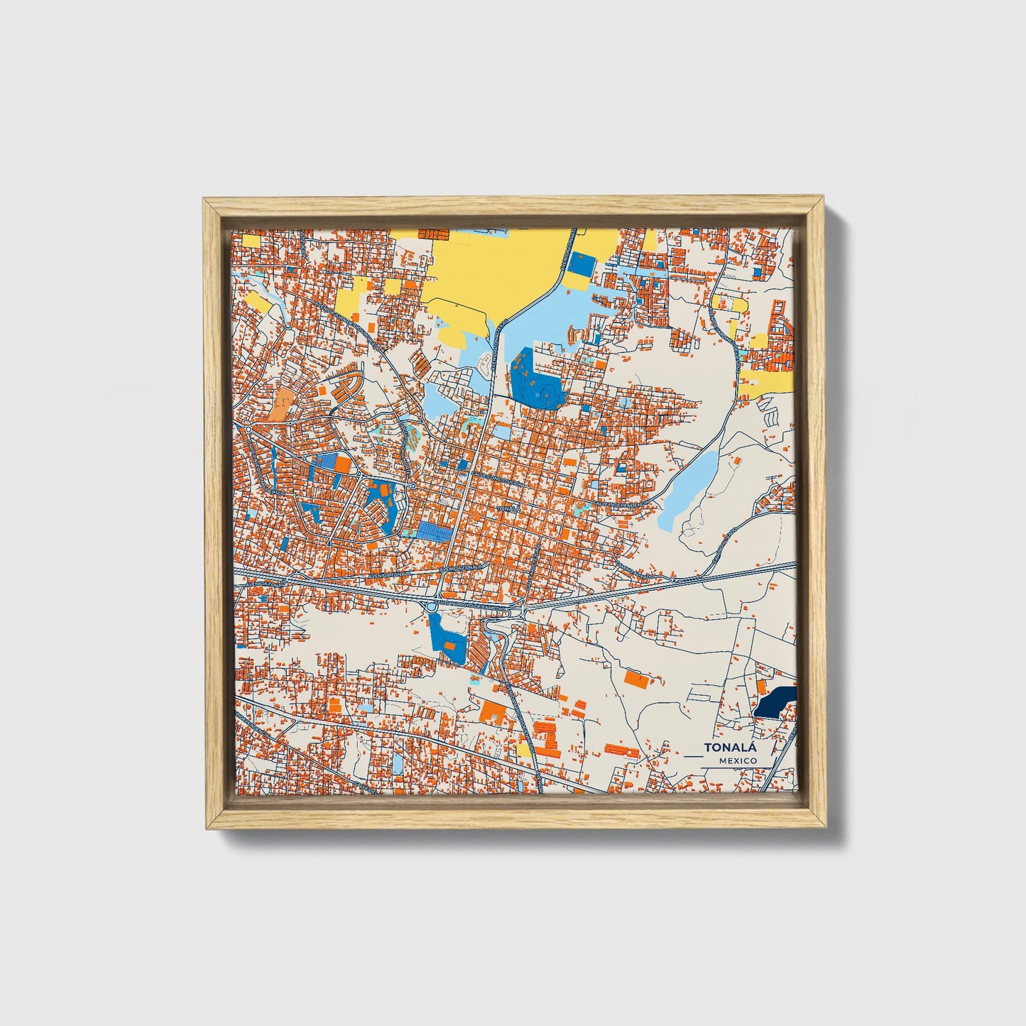 Tonalá Mexico Colorful City Map Canvas Print • Natural Wooden Framed