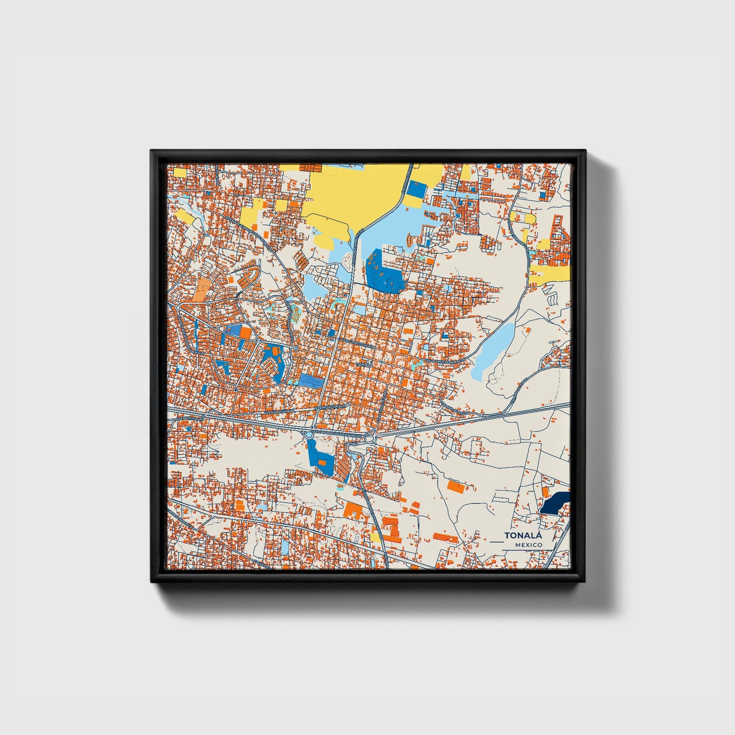 Tonalá Mexico Colorful City Map Canvas Print • Black Framed