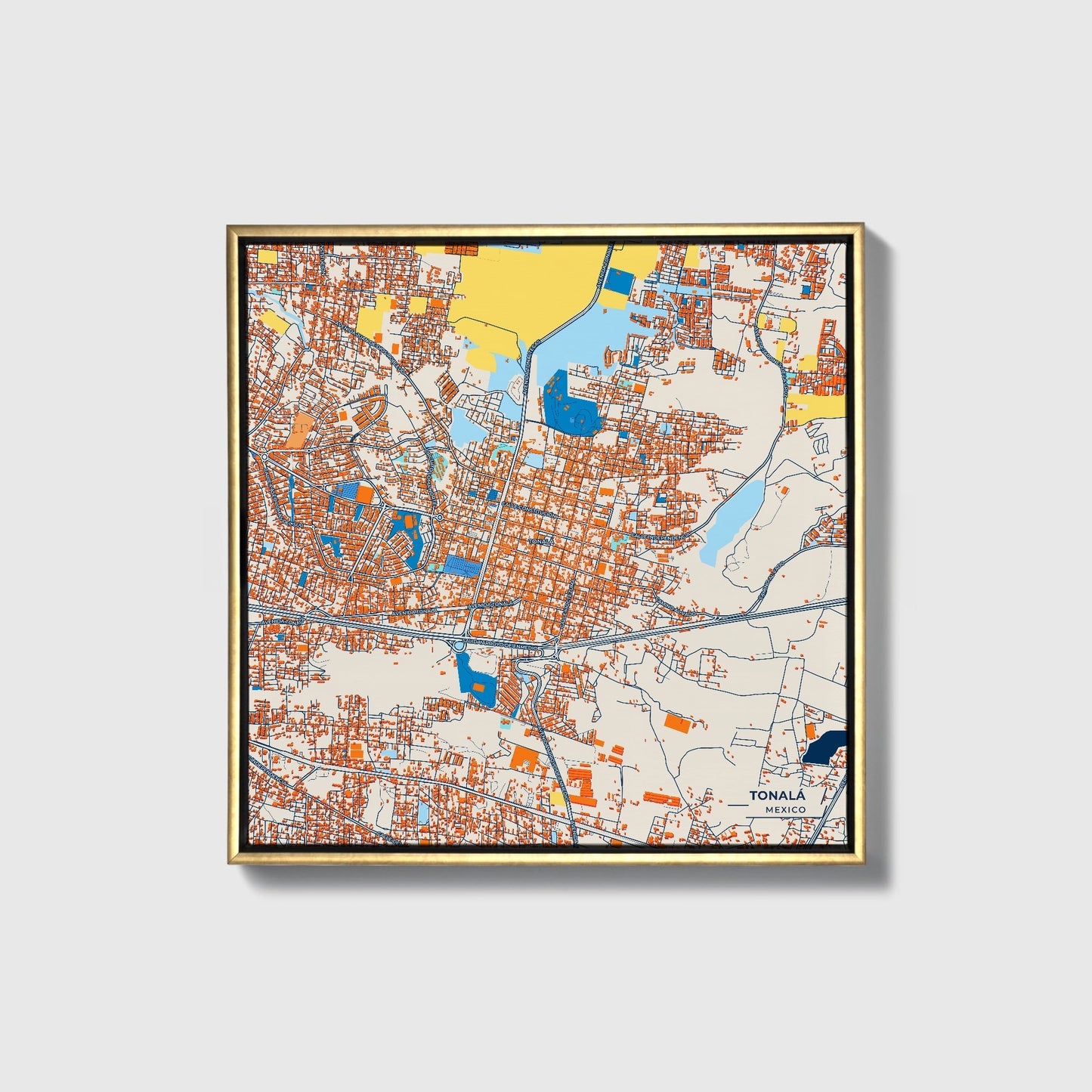 Tonalá Mexico Colorful City Map Canvas Print • Gold Framed