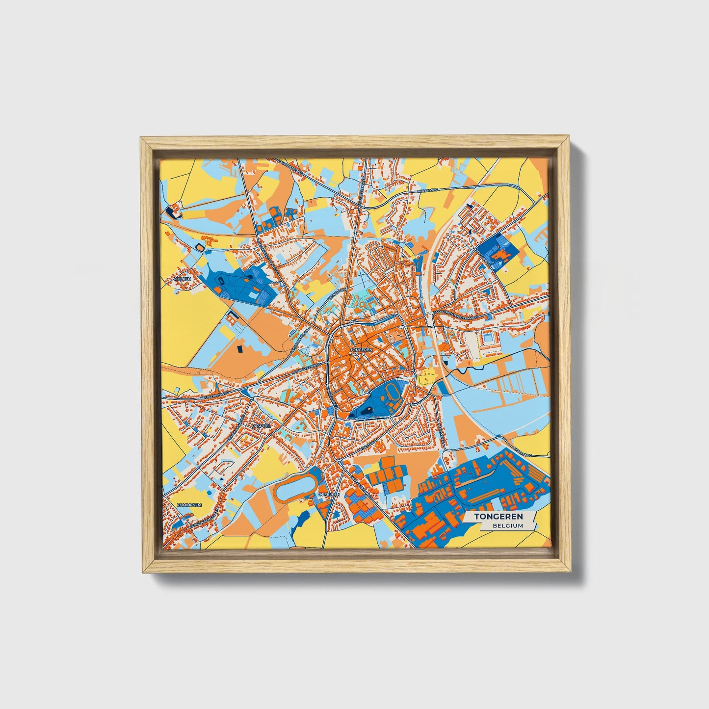 Tongeren  Belgium Colorful City Map Canvas Print • Natural Wooden Framed