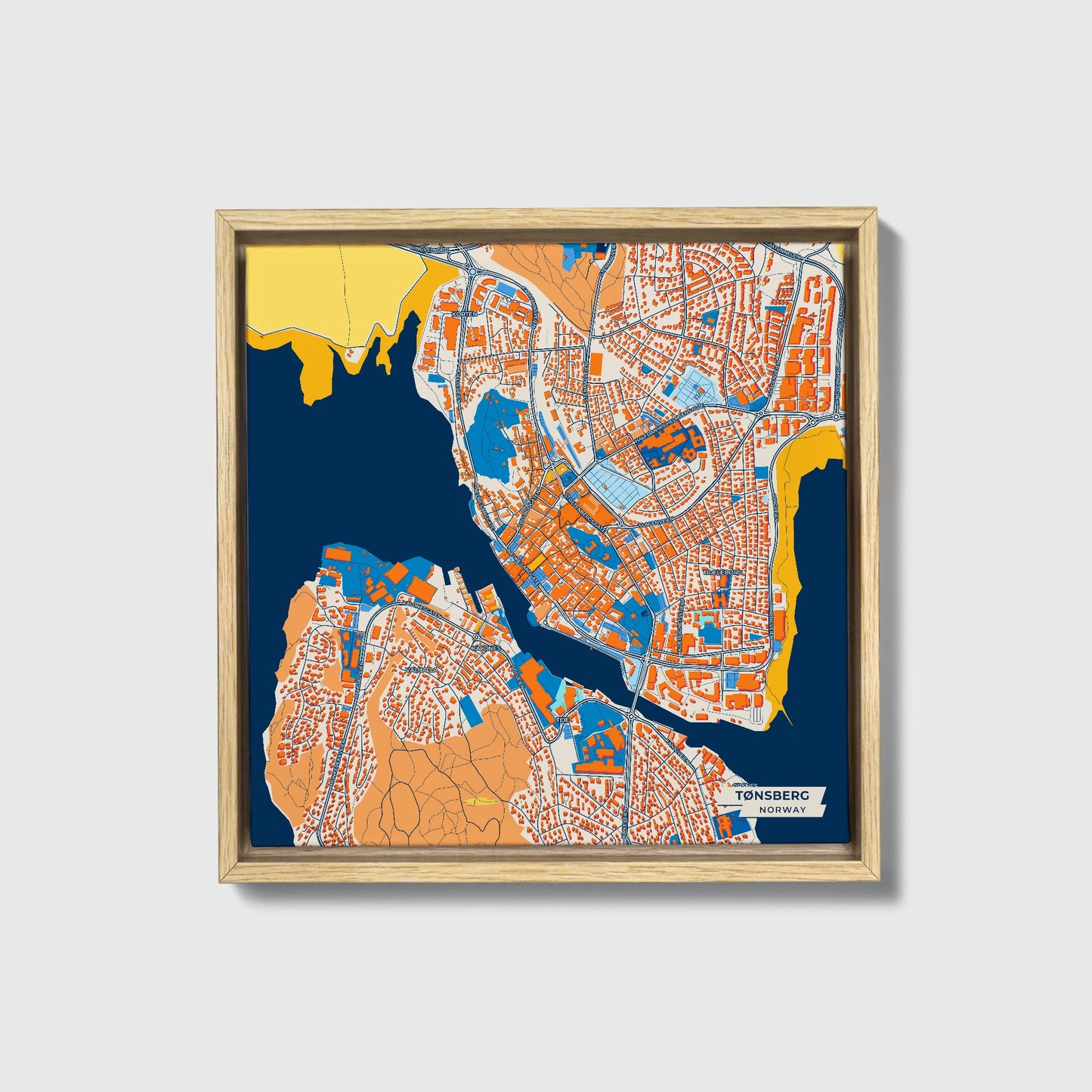Tønsberg Norway Colorful City Map Canvas Print • Natural Wooden Framed