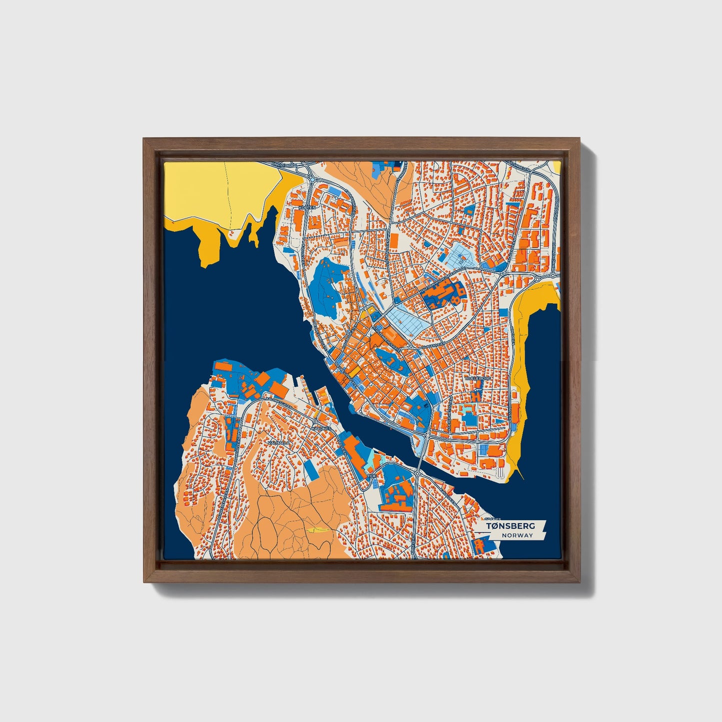Tønsberg Norway Colorful City Map Canvas Print • Dark Wooden Framed
