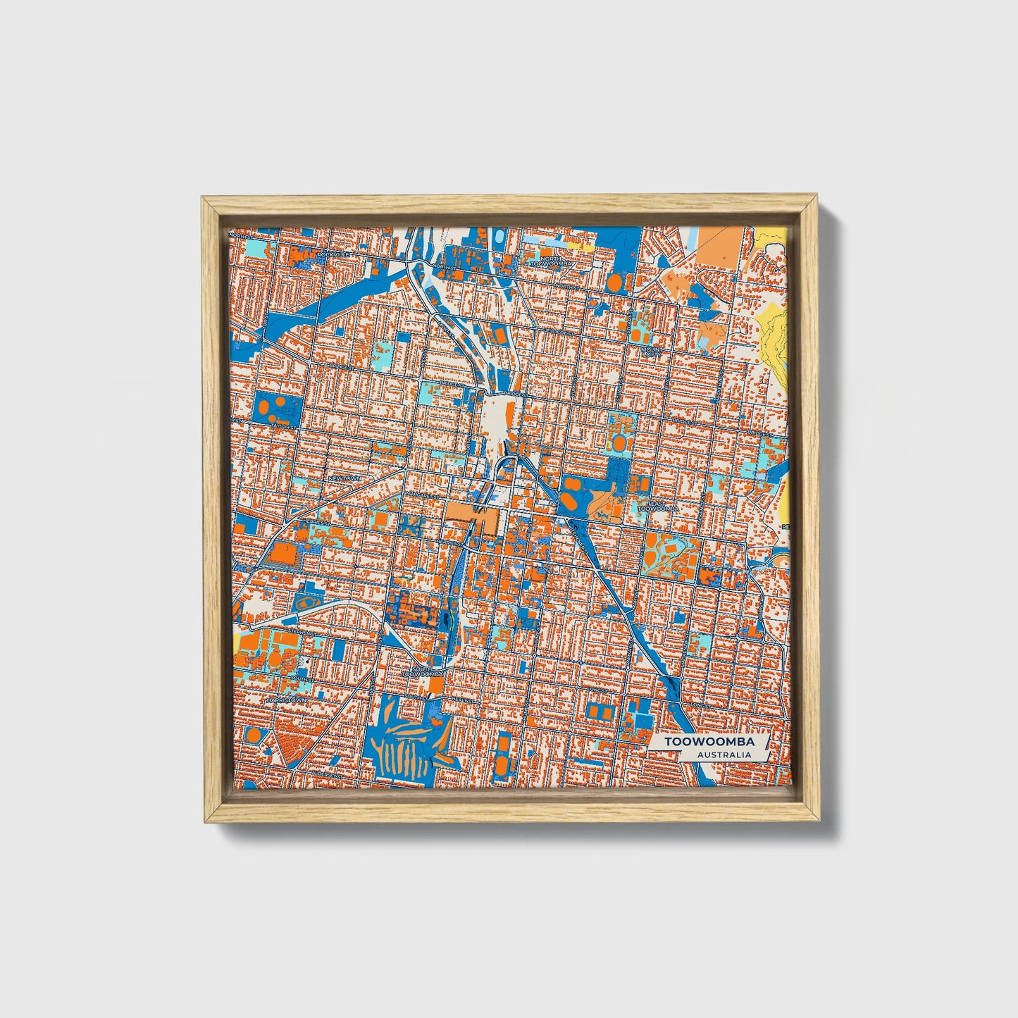 Toowoomba Australia Colorful City Map Canvas Print • Natural Wooden Framed