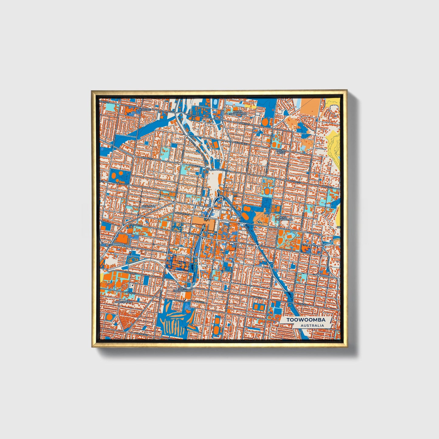 Toowoomba Australia Colorful City Map Canvas Print • Gold Framed