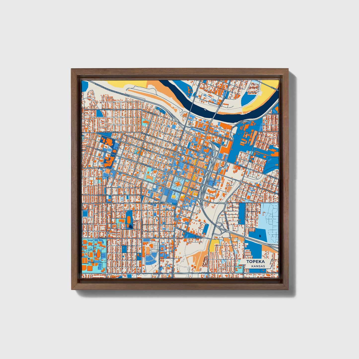 Topeka Kansas Colorful City Map Canvas Print • Dark Wooden Framed