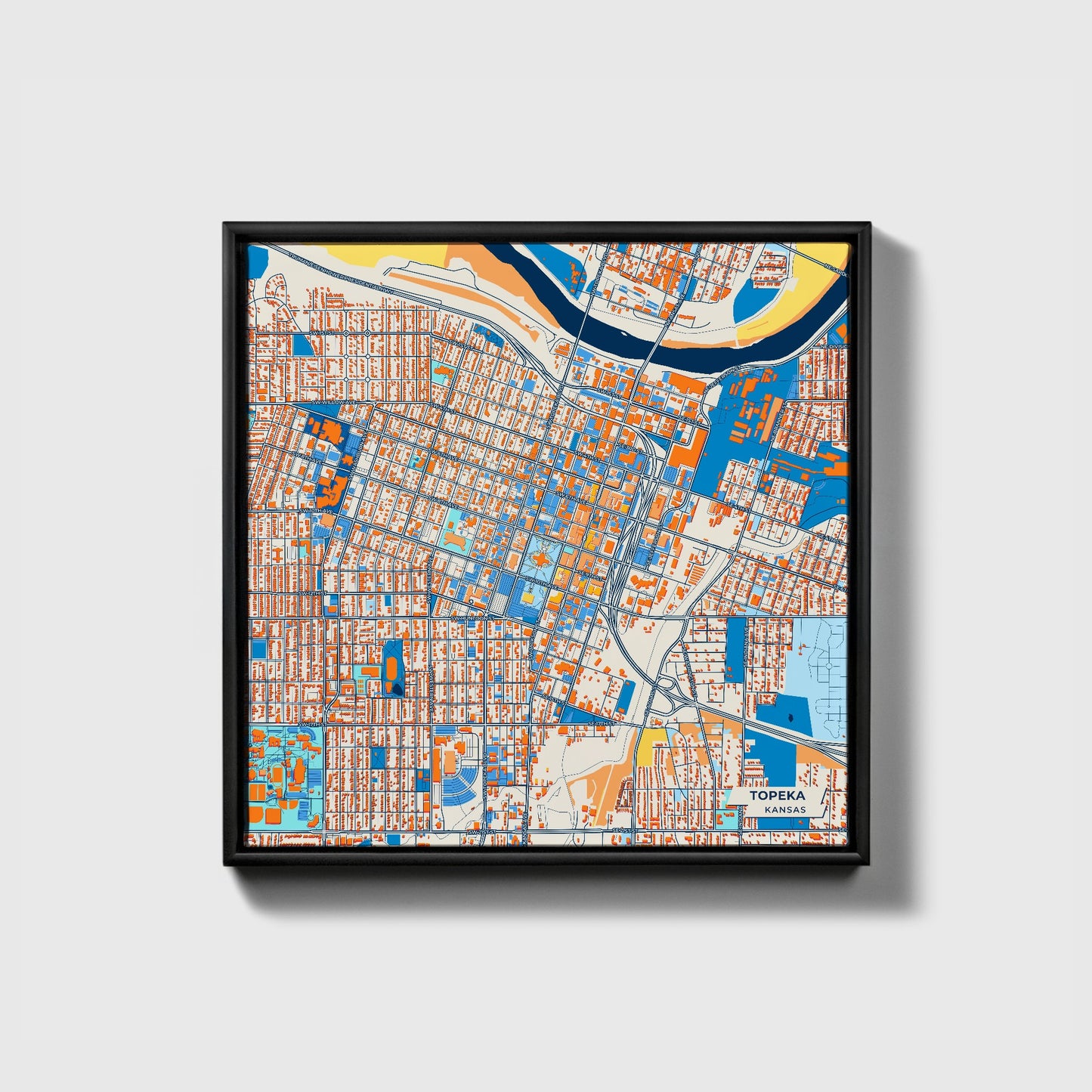 Topeka Kansas Colorful City Map Canvas Print • Black Framed