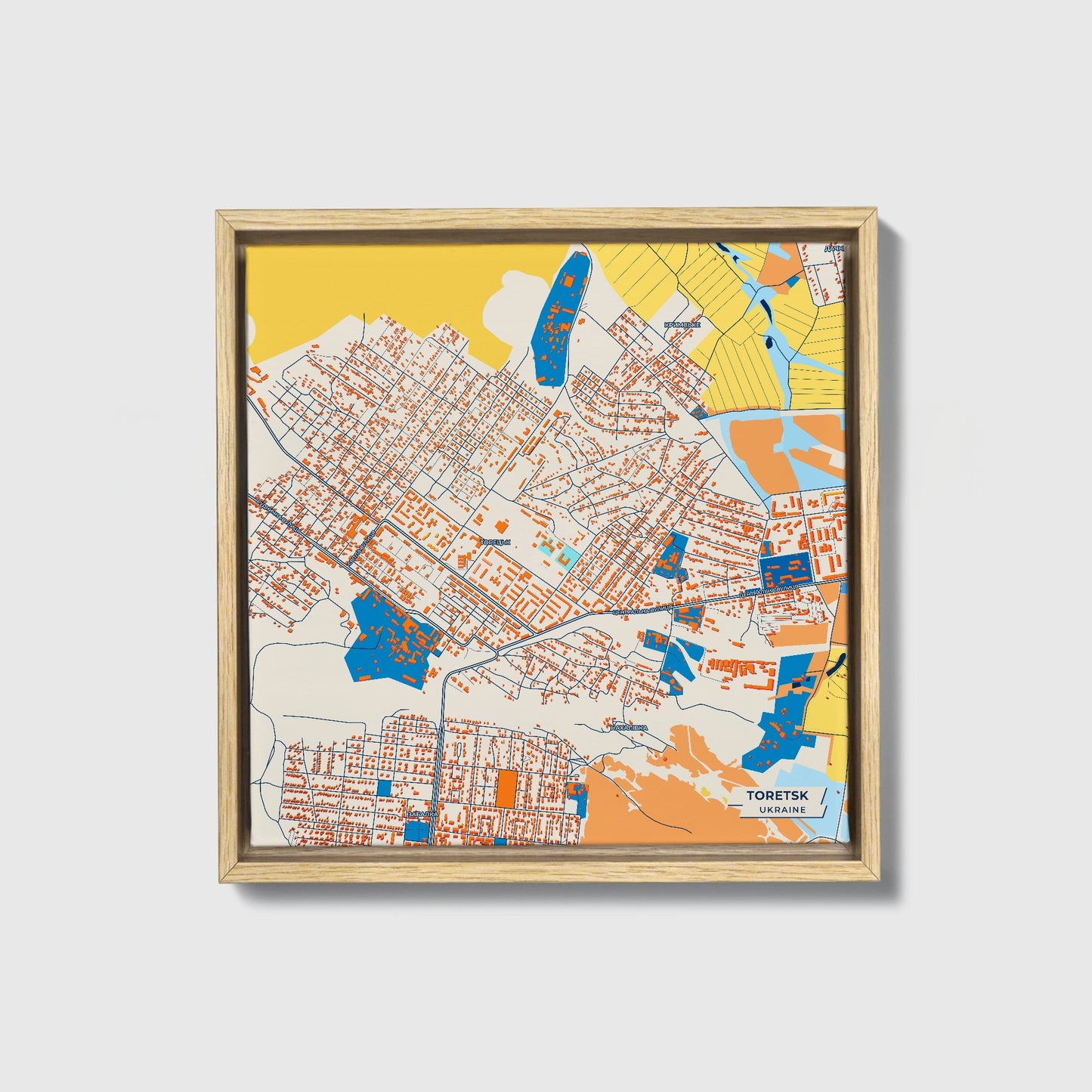 Торецьк Ukraine Colorful City Map Canvas Print • Natural Wooden Framed