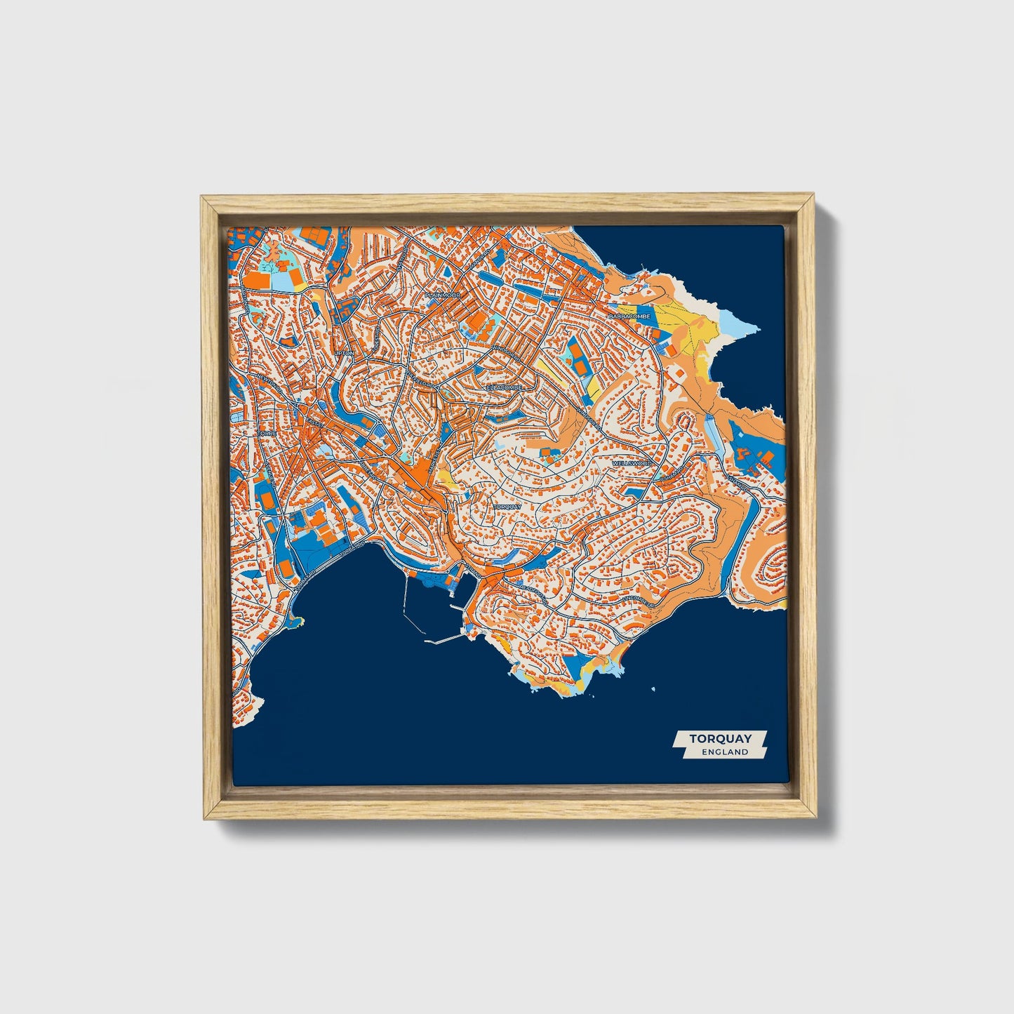 Torquay England Colorful City Map Canvas Print • Natural Wooden Framed