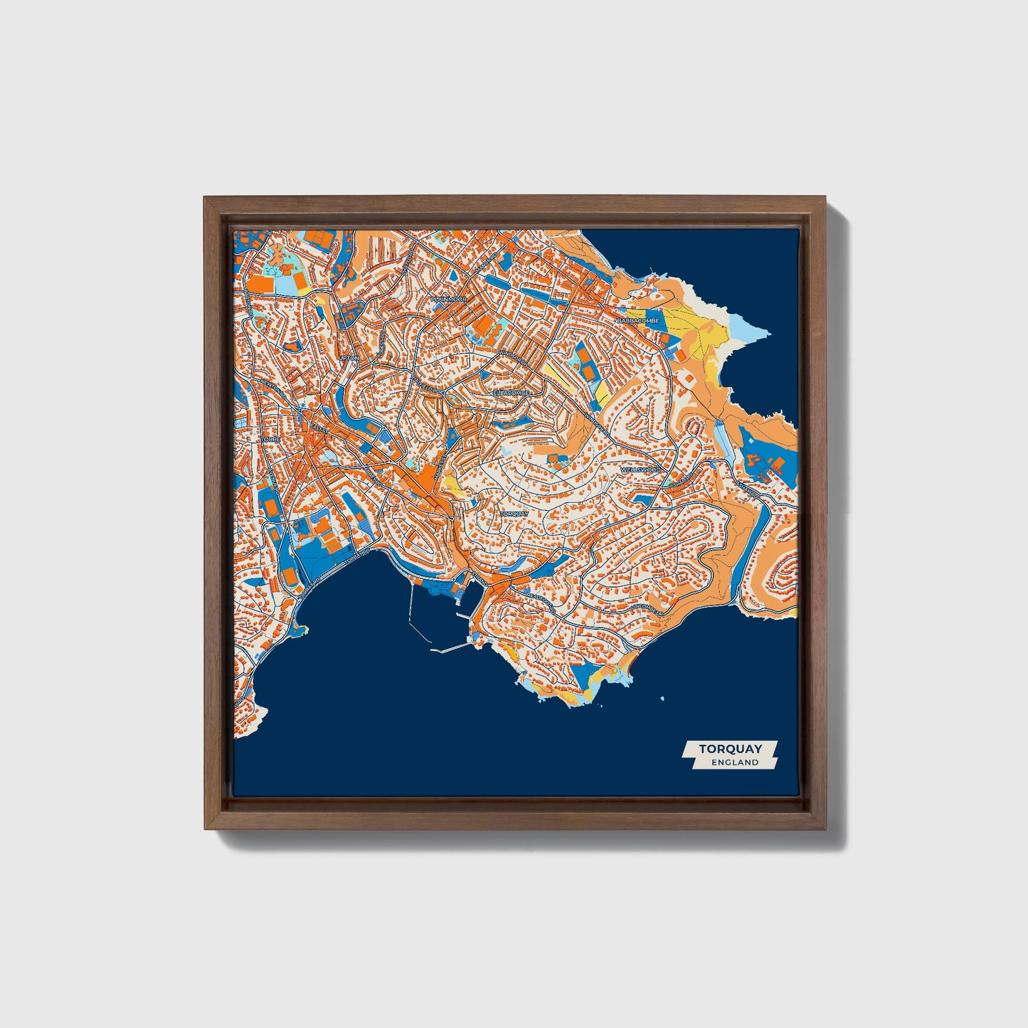 Torquay England Colorful City Map Canvas Print • Dark Wooden Framed