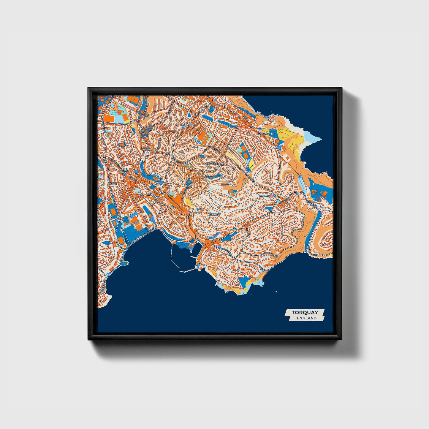 Torquay England Colorful City Map Canvas Print • Black Framed
