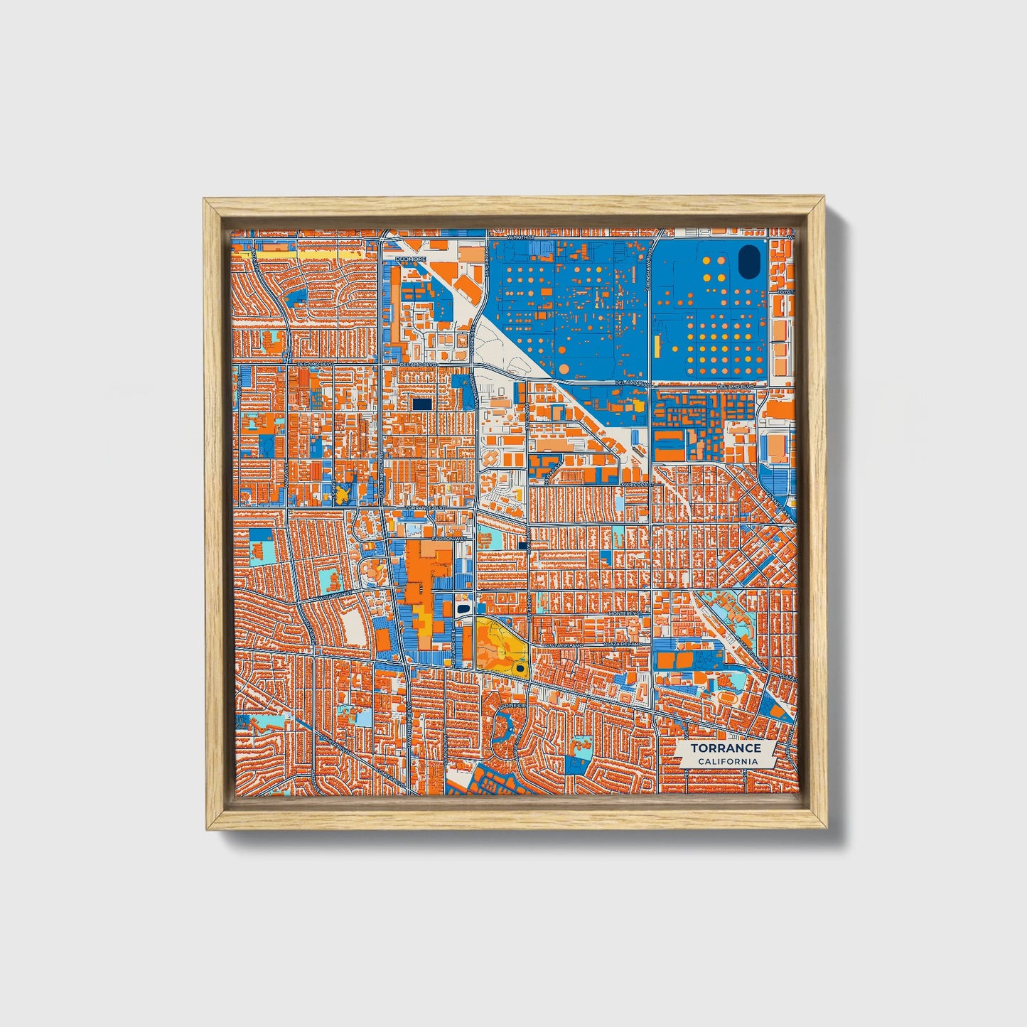 Torrance California Colorful City Map Canvas Print • Natural Wooden Framed