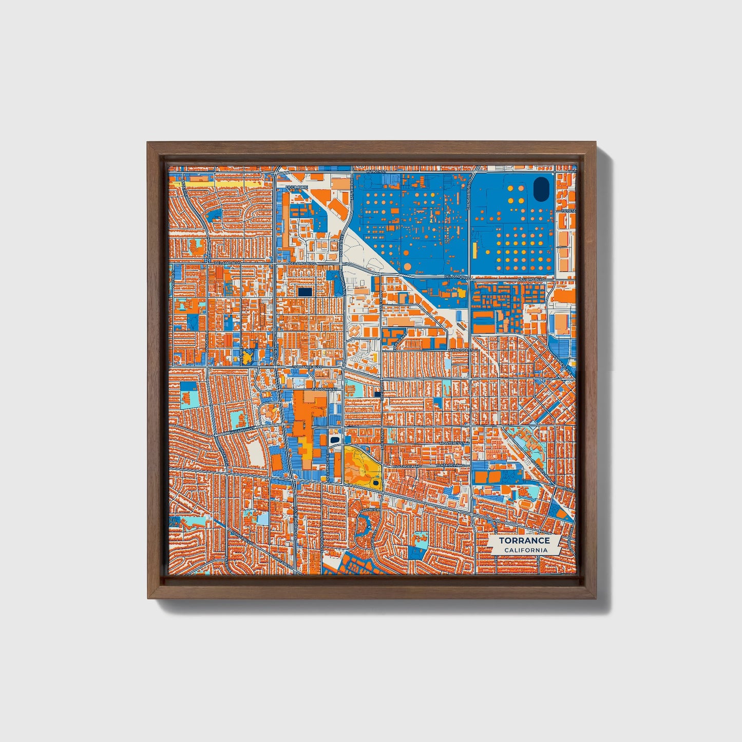 Torrance California Colorful City Map Canvas Print • Dark Wooden Framed