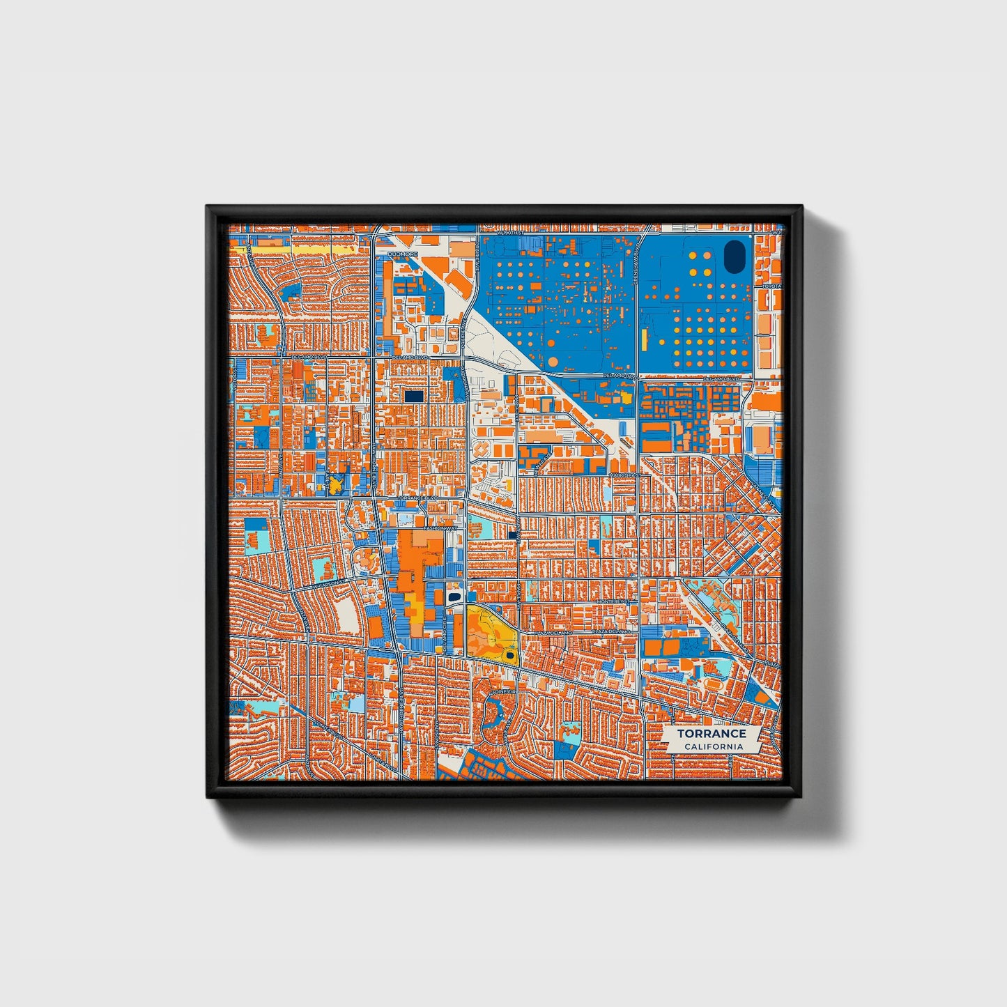 Torrance California Colorful City Map Canvas Print • Black Framed