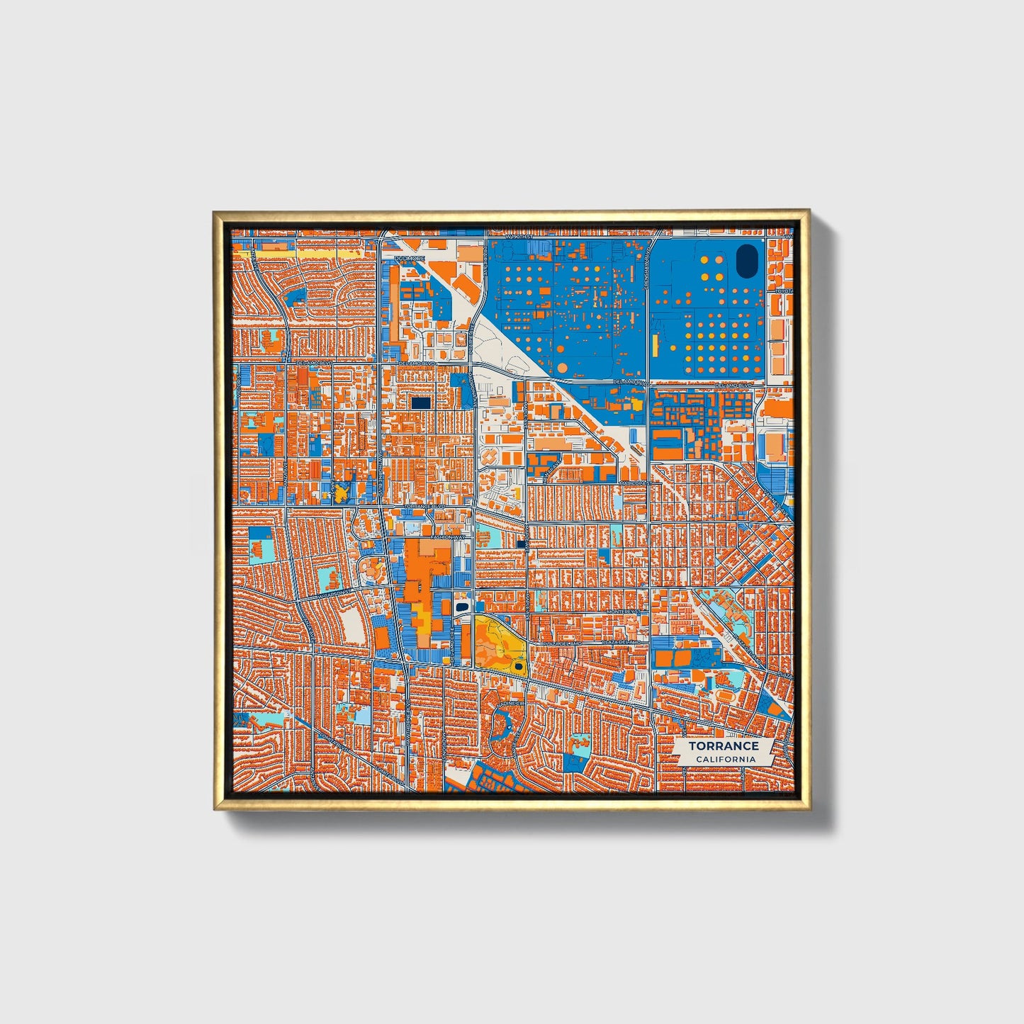 Torrance California Colorful City Map Canvas Print • Gold Framed