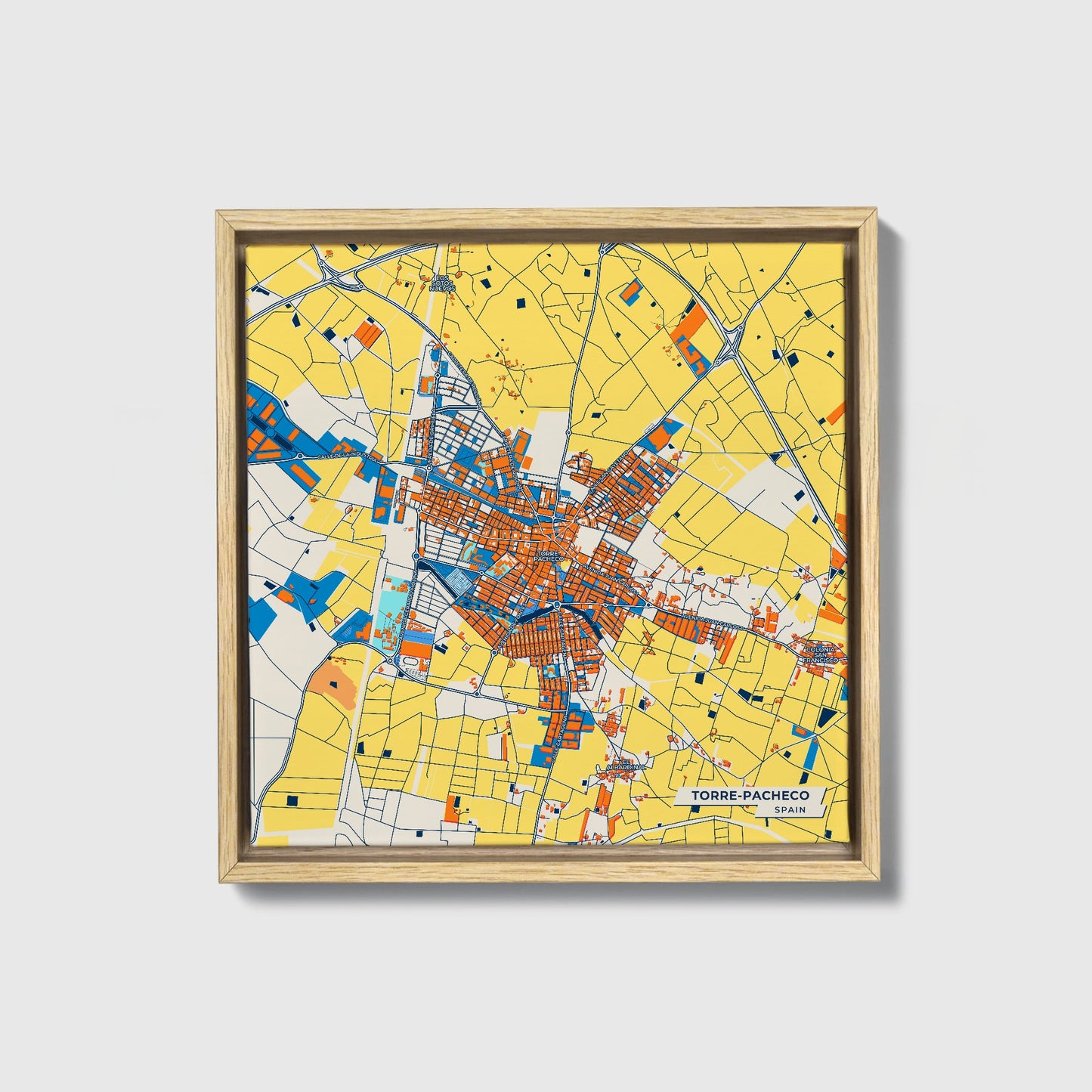 Torre-Pacheco Spain Colorful City Map Canvas Print • Natural Wooden Framed