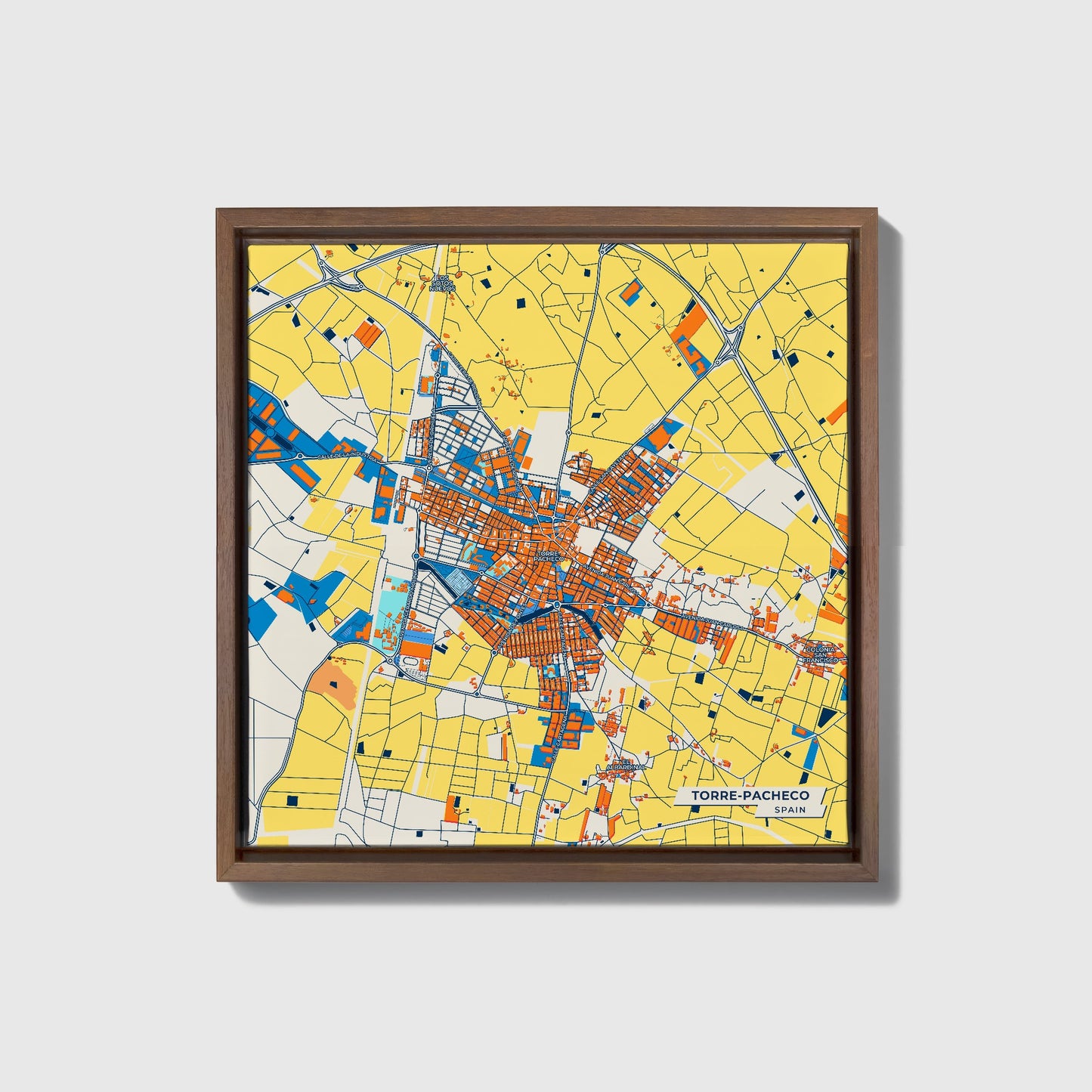 Torre-Pacheco Spain Colorful City Map Canvas Print • Dark Wooden Framed