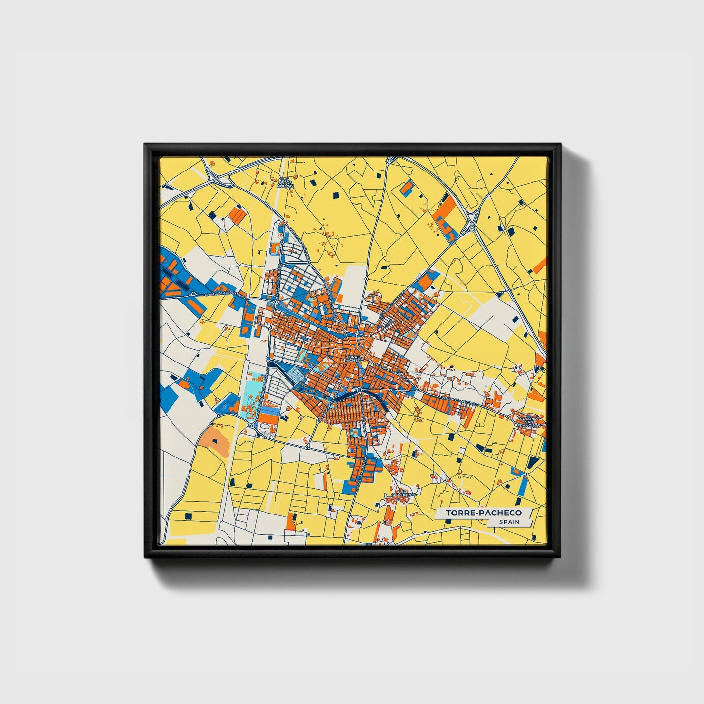 Torre-Pacheco Spain Colorful City Map Canvas Print • Black Framed