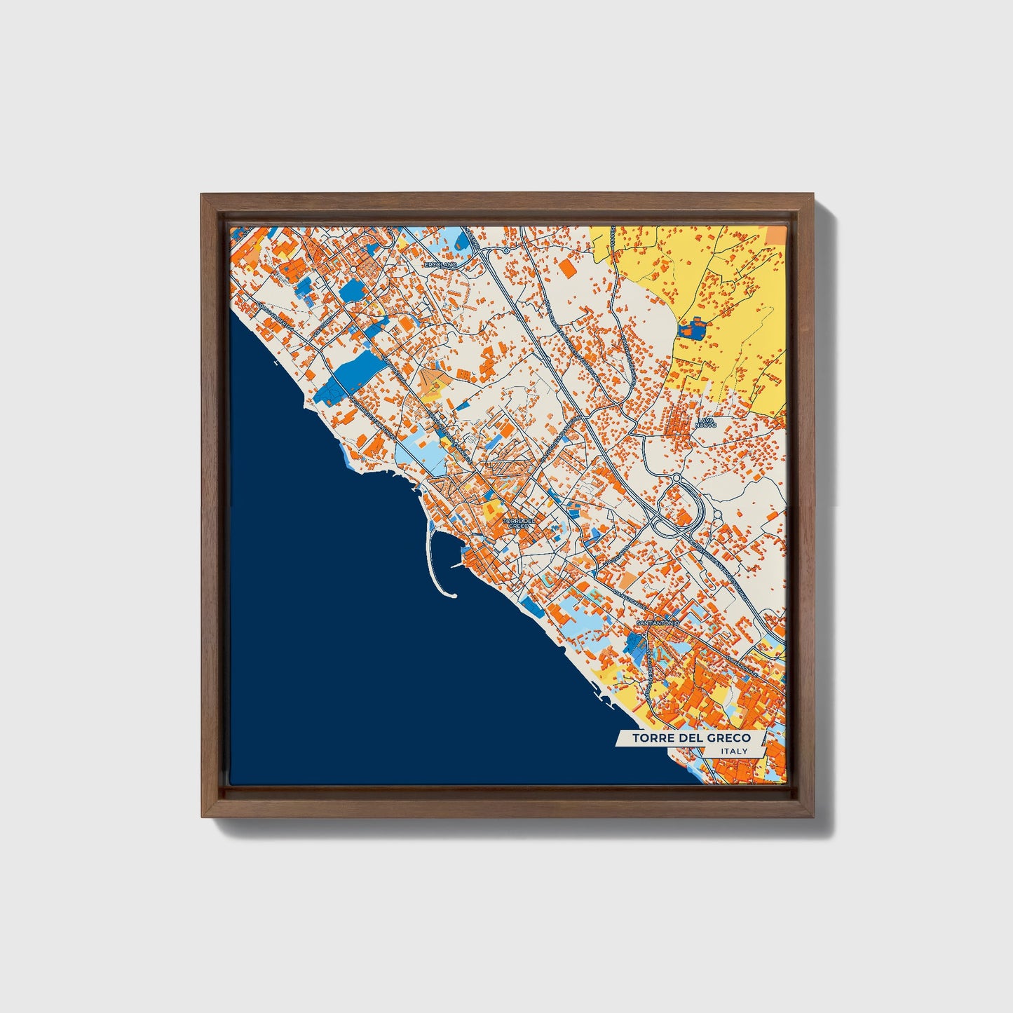 Torre Del Greco Italy Colorful City Map Canvas Print • Dark Wooden Framed