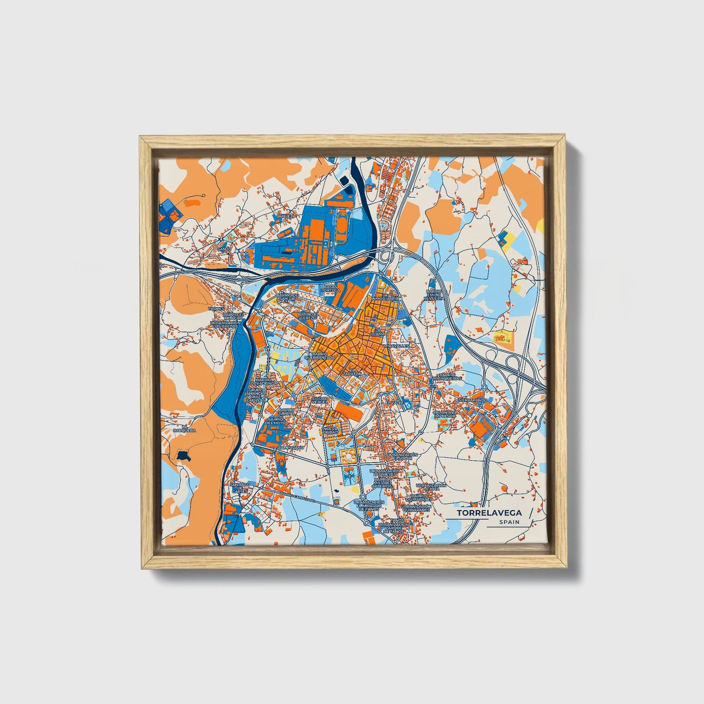 Torrelavega Spain Colorful City Map Canvas Print • Natural Wooden Framed