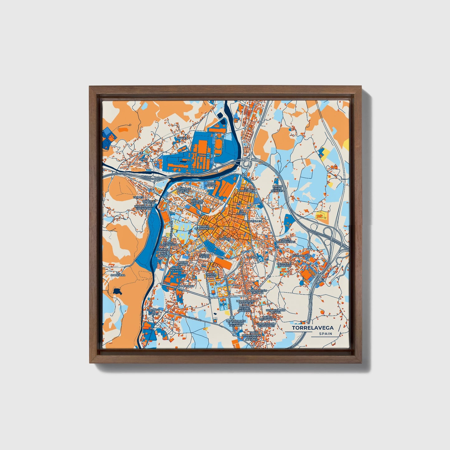 Torrelavega Spain Colorful City Map Canvas Print • Dark Wooden Framed