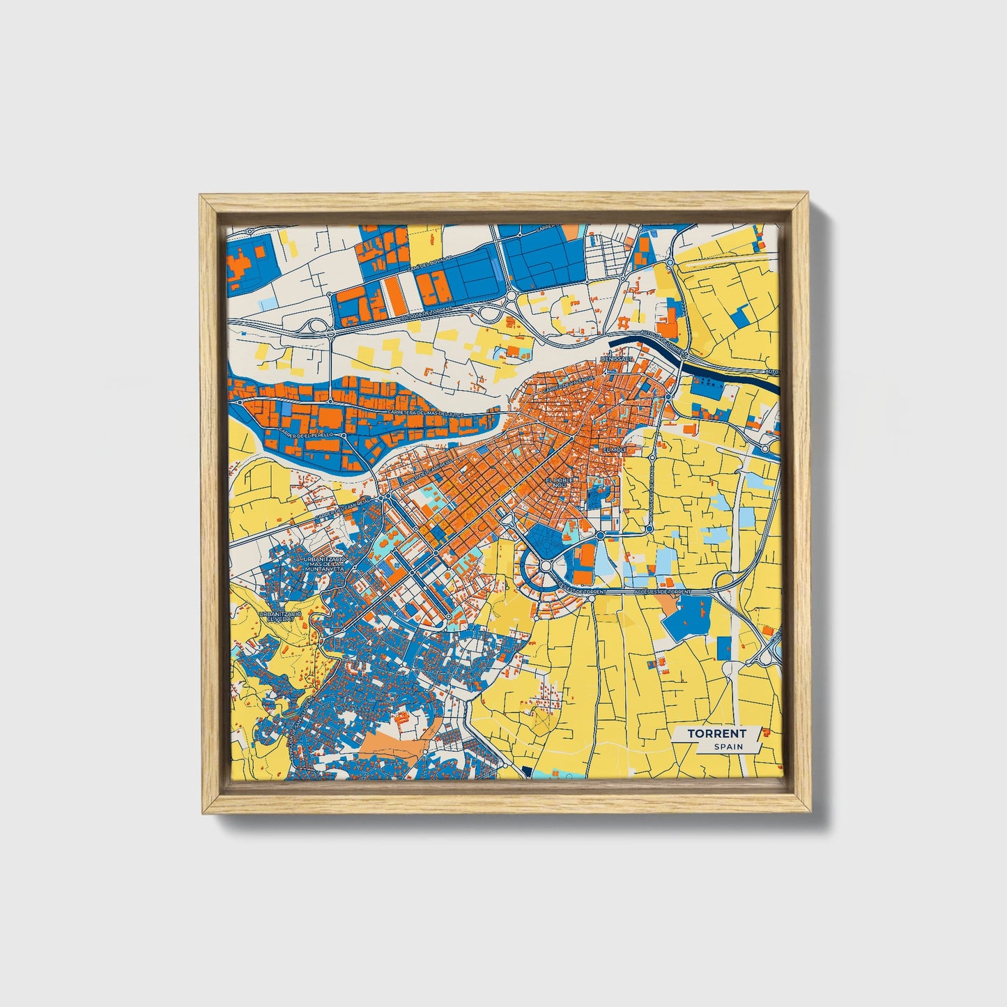 Torrent Spain Colorful City Map Canvas Print • Natural Wooden Framed