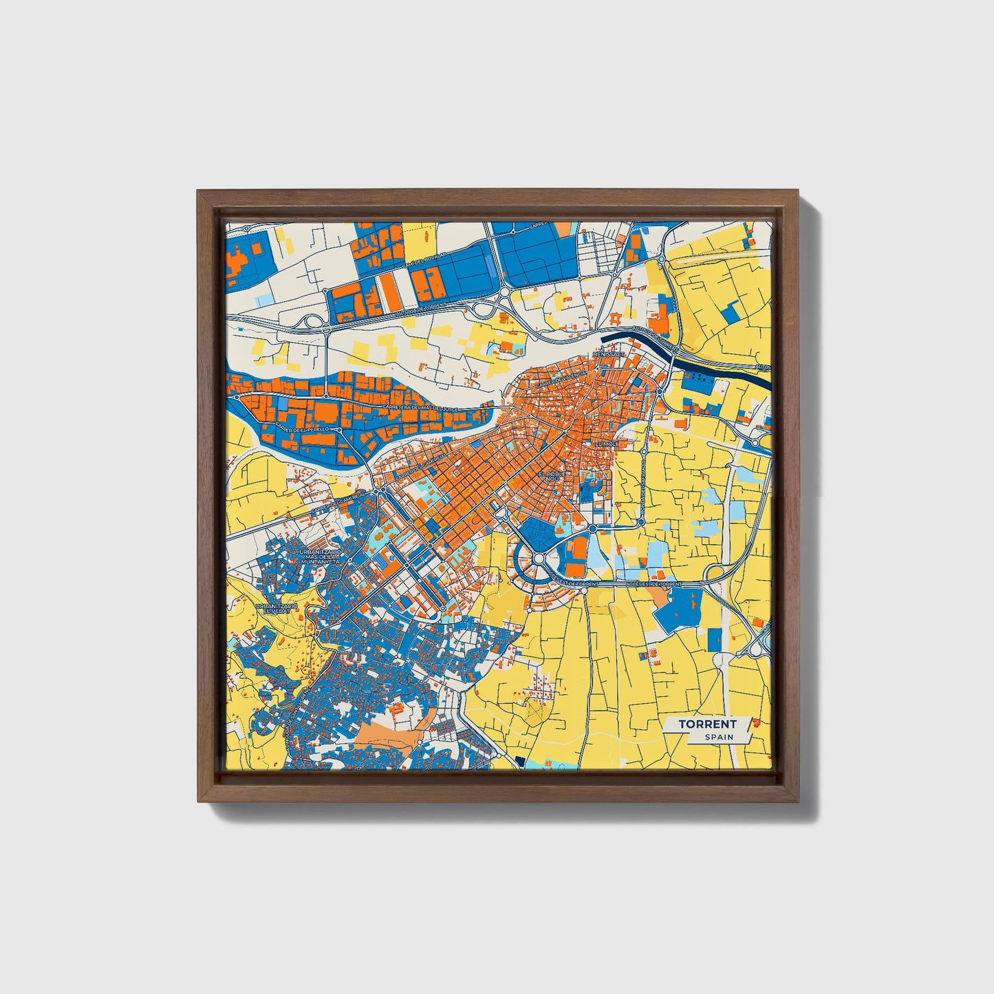 Torrent Spain Colorful City Map Canvas Print • Dark Wooden Framed