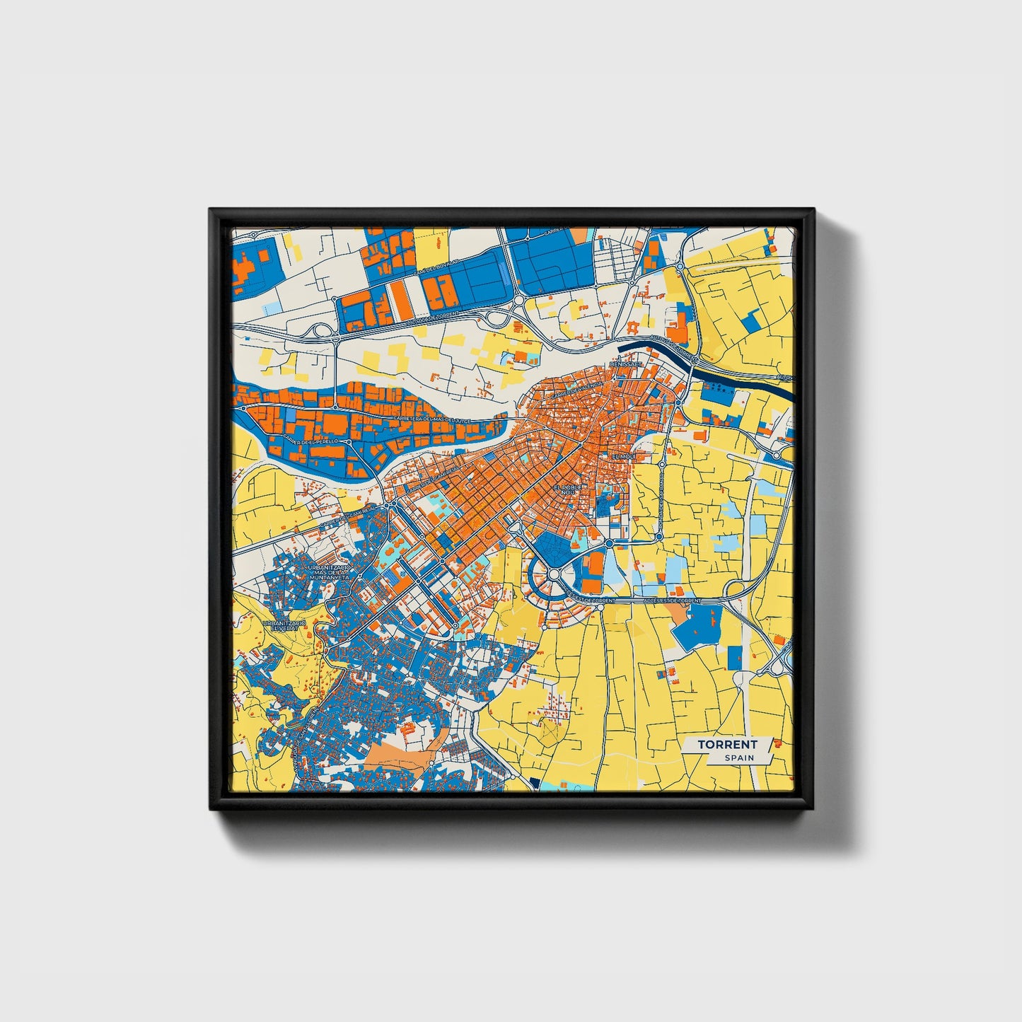 Torrent Spain Colorful City Map Canvas Print • Black Framed