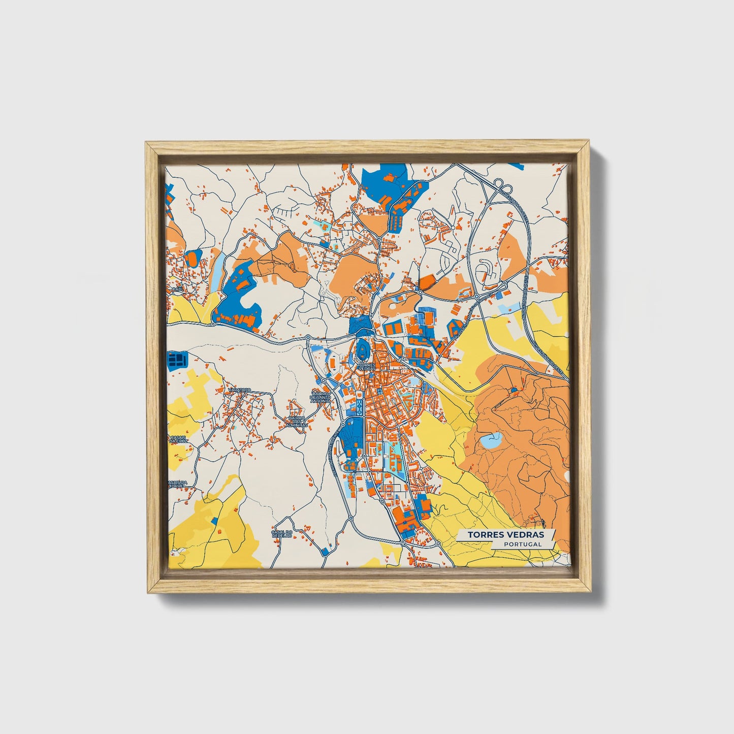 Torres Vedras Portugal Colorful City Map Canvas Print • Natural Wooden Framed