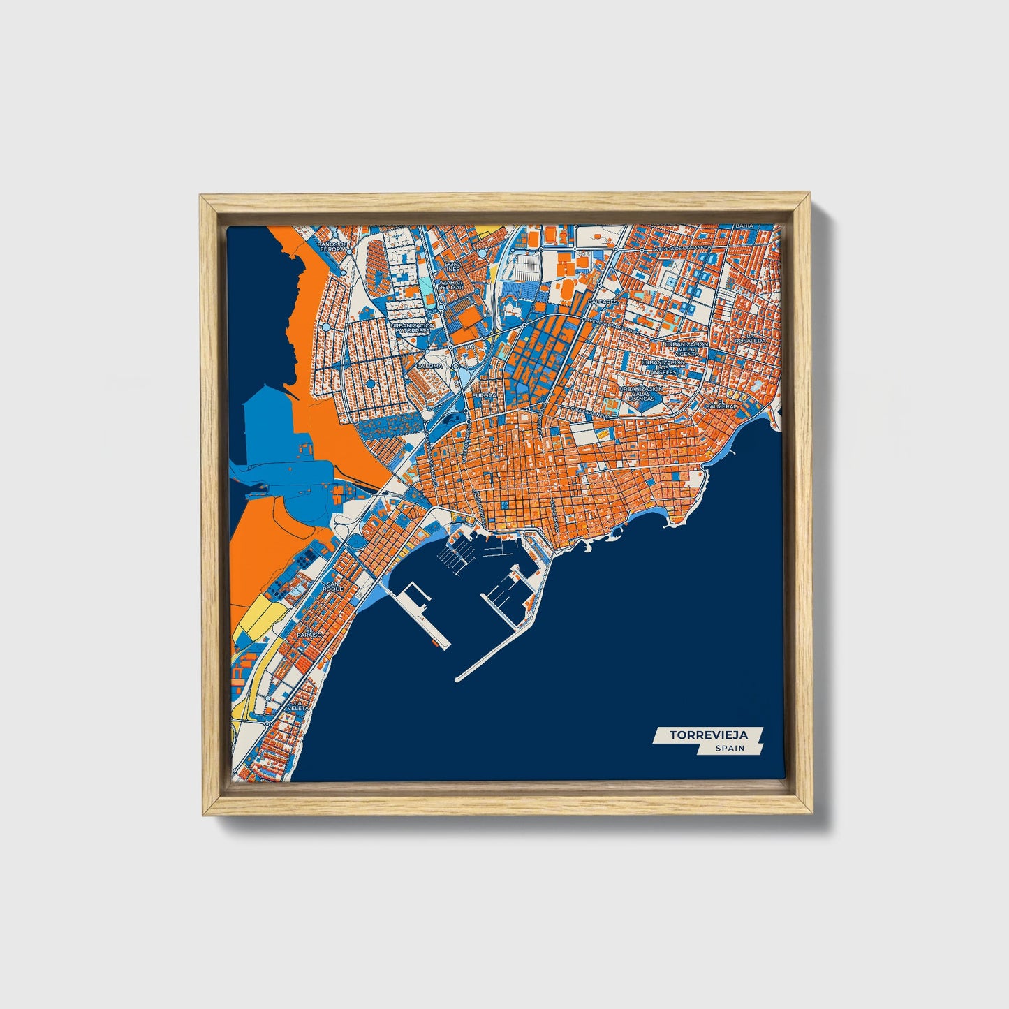 Torrevieja Spain Colorful City Map Canvas Print • Natural Wooden Framed