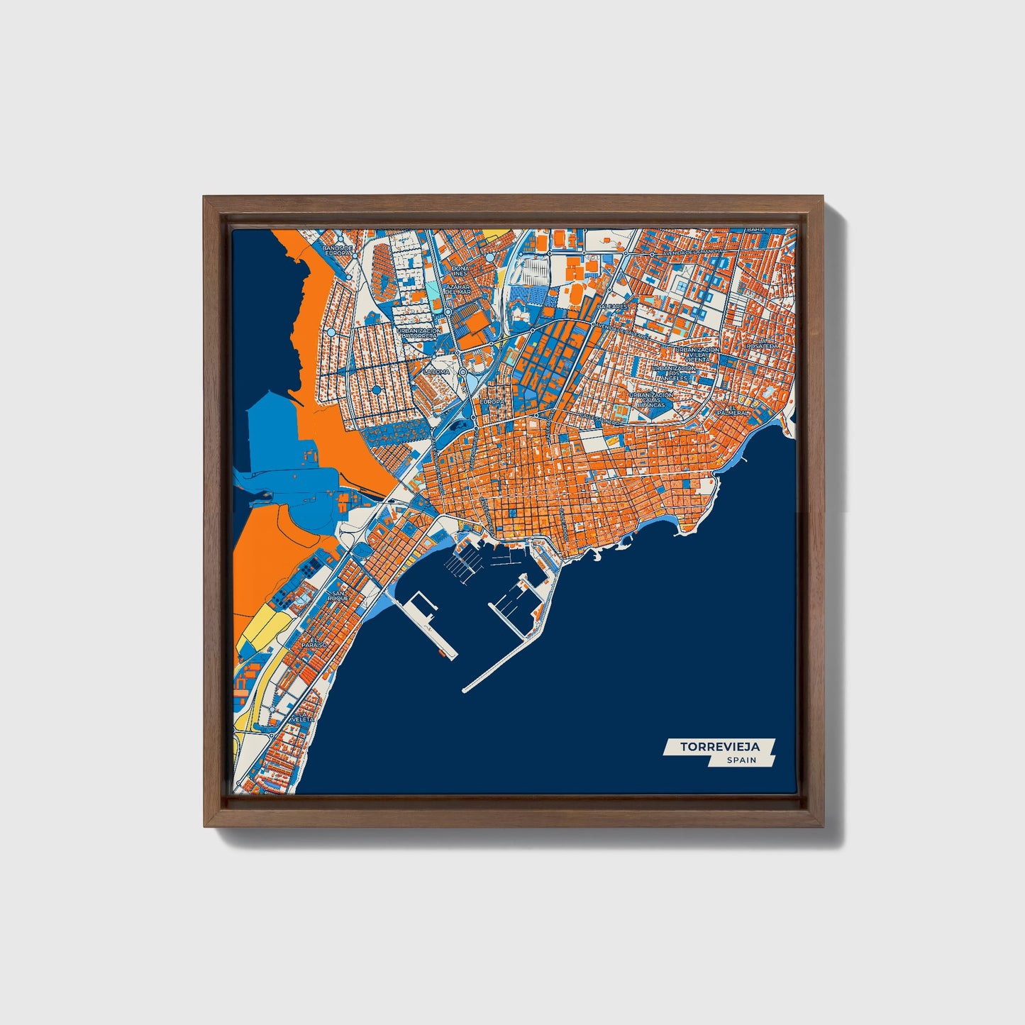 Torrevieja Spain Colorful City Map Canvas Print • Dark Wooden Framed