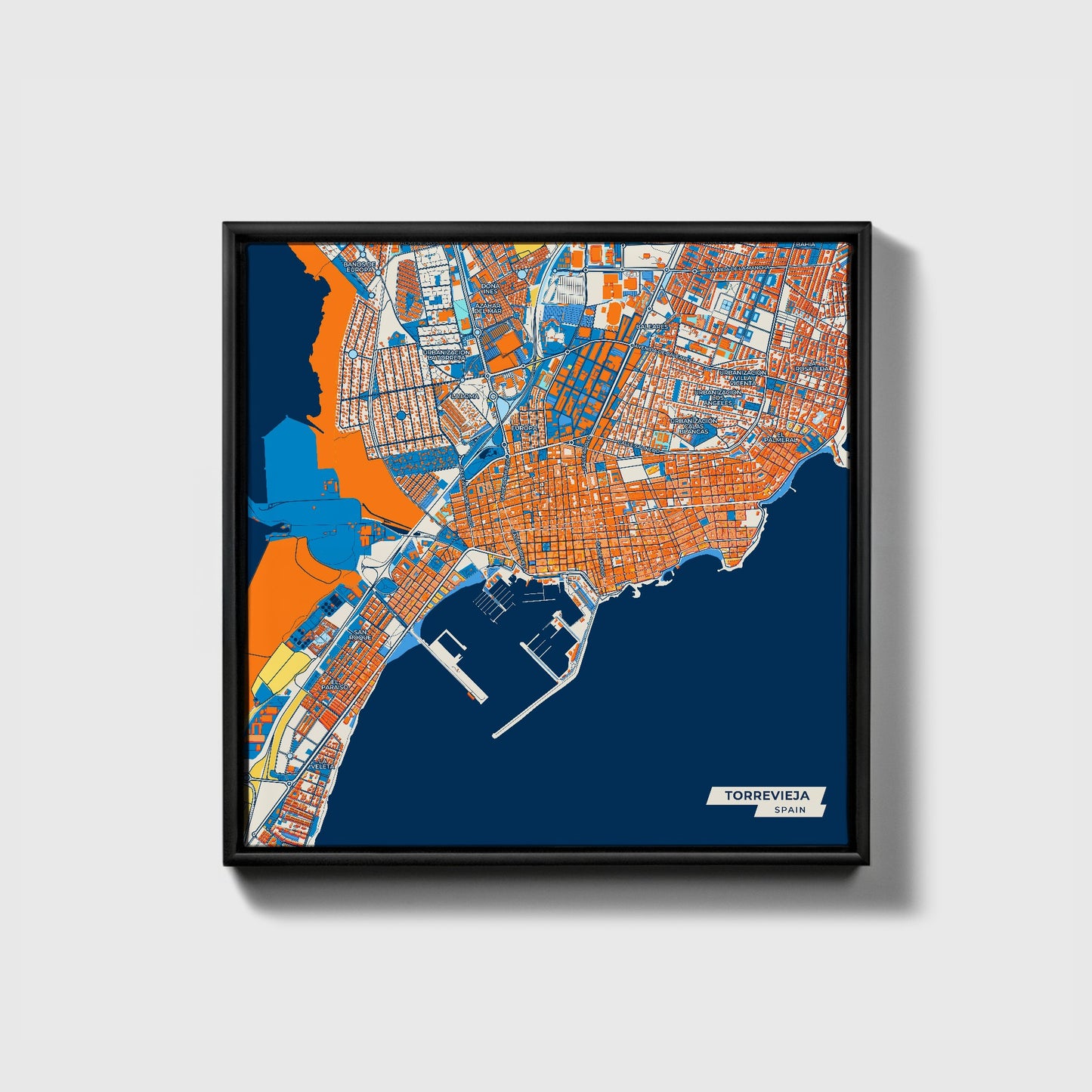Torrevieja Spain Colorful City Map Canvas Print • Black Framed