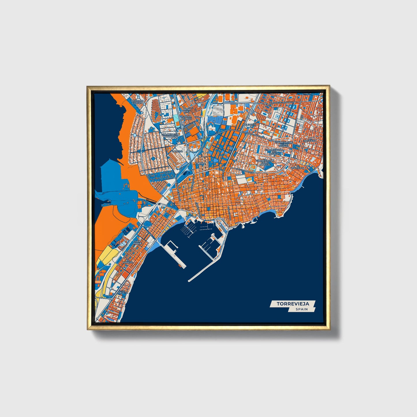 Torrevieja Spain Colorful City Map Canvas Print • Gold Framed