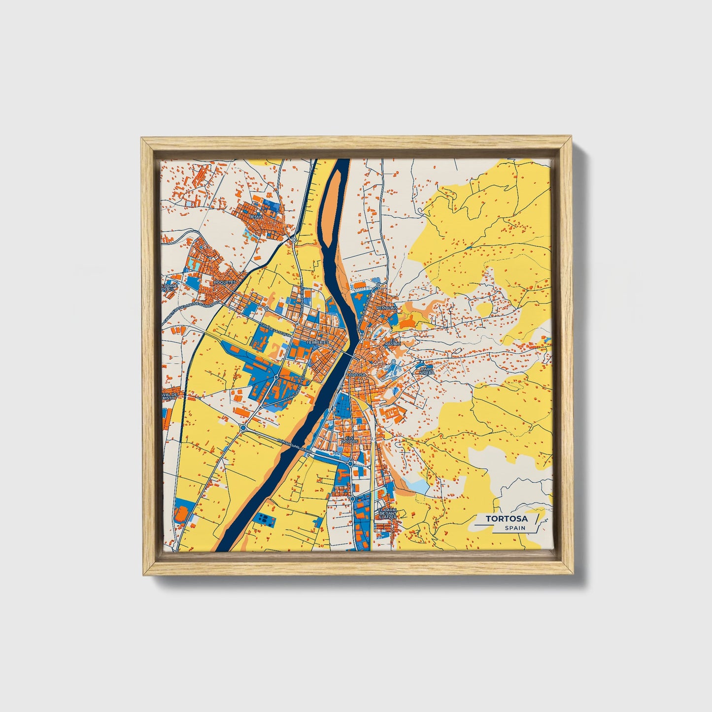 Tortosa Spain Colorful City Map Canvas Print • Natural Wooden Framed