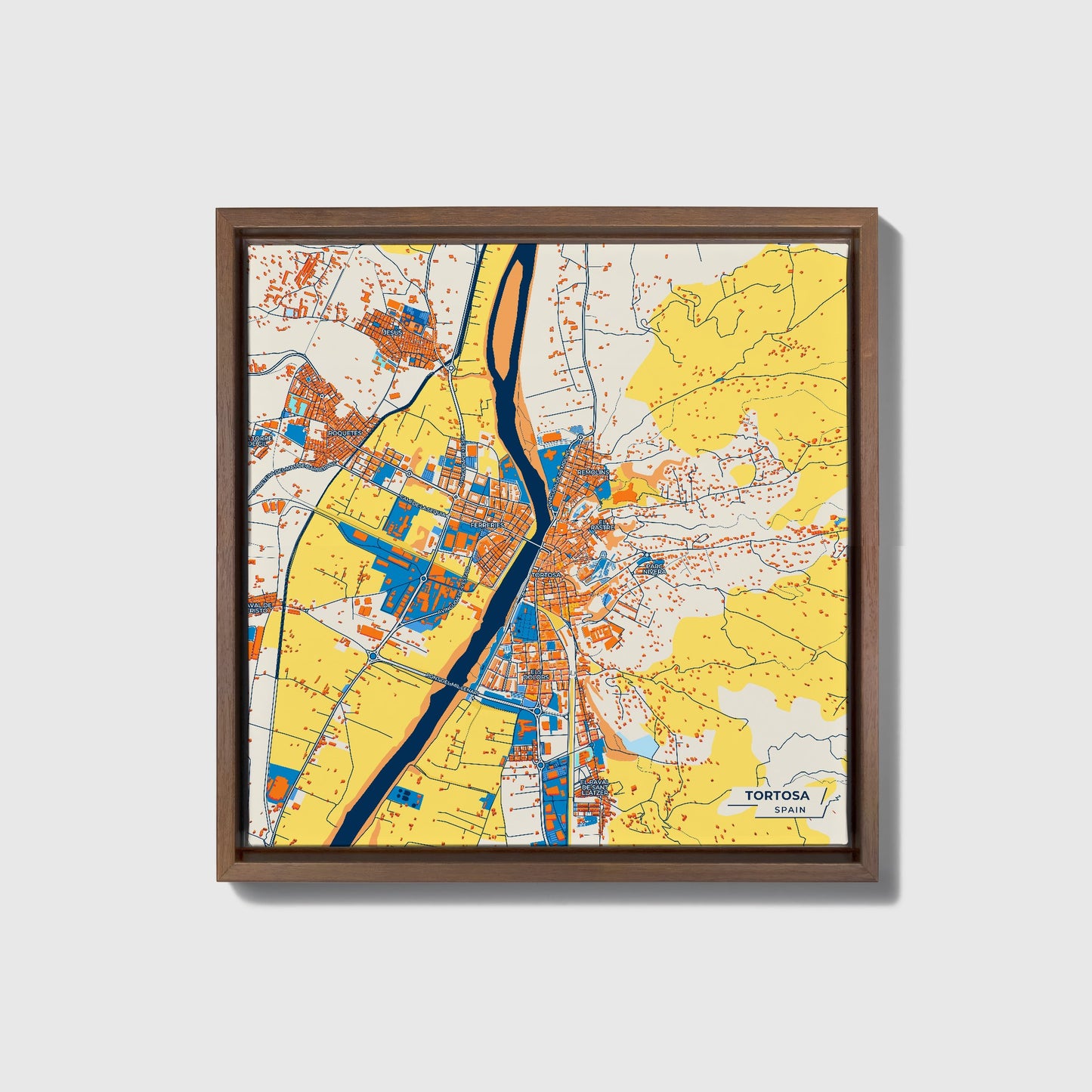 Tortosa Spain Colorful City Map Canvas Print • Dark Wooden Framed