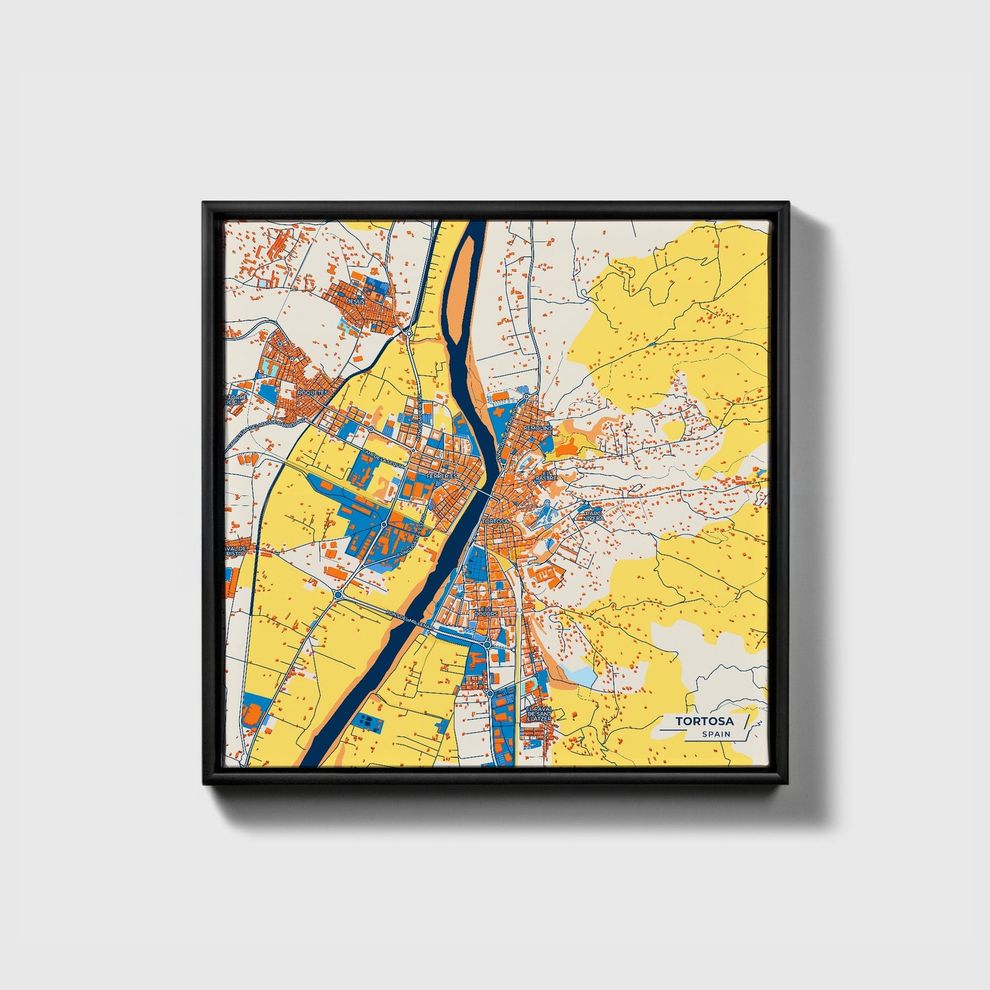 Tortosa Spain Colorful City Map Canvas Print • Black Framed
