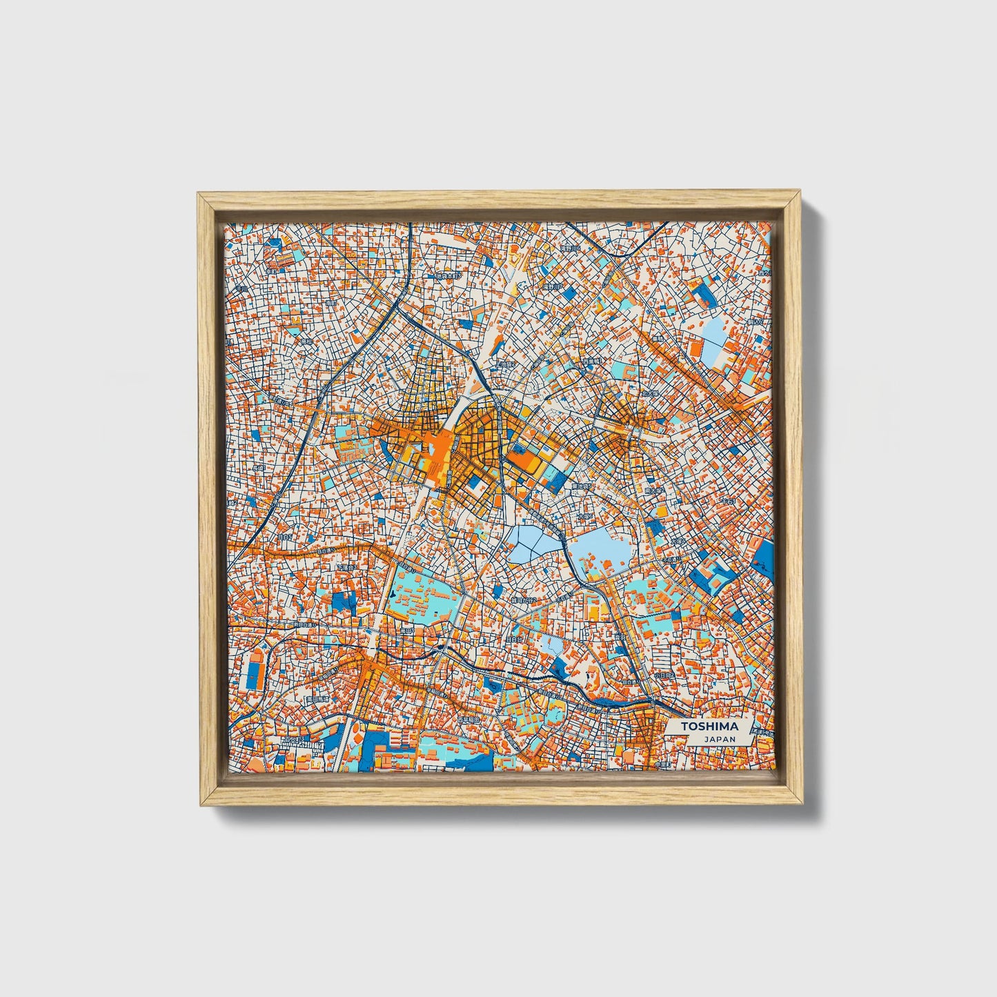 Toshima Japan Colorful City Map Canvas Print • Natural Wooden Framed