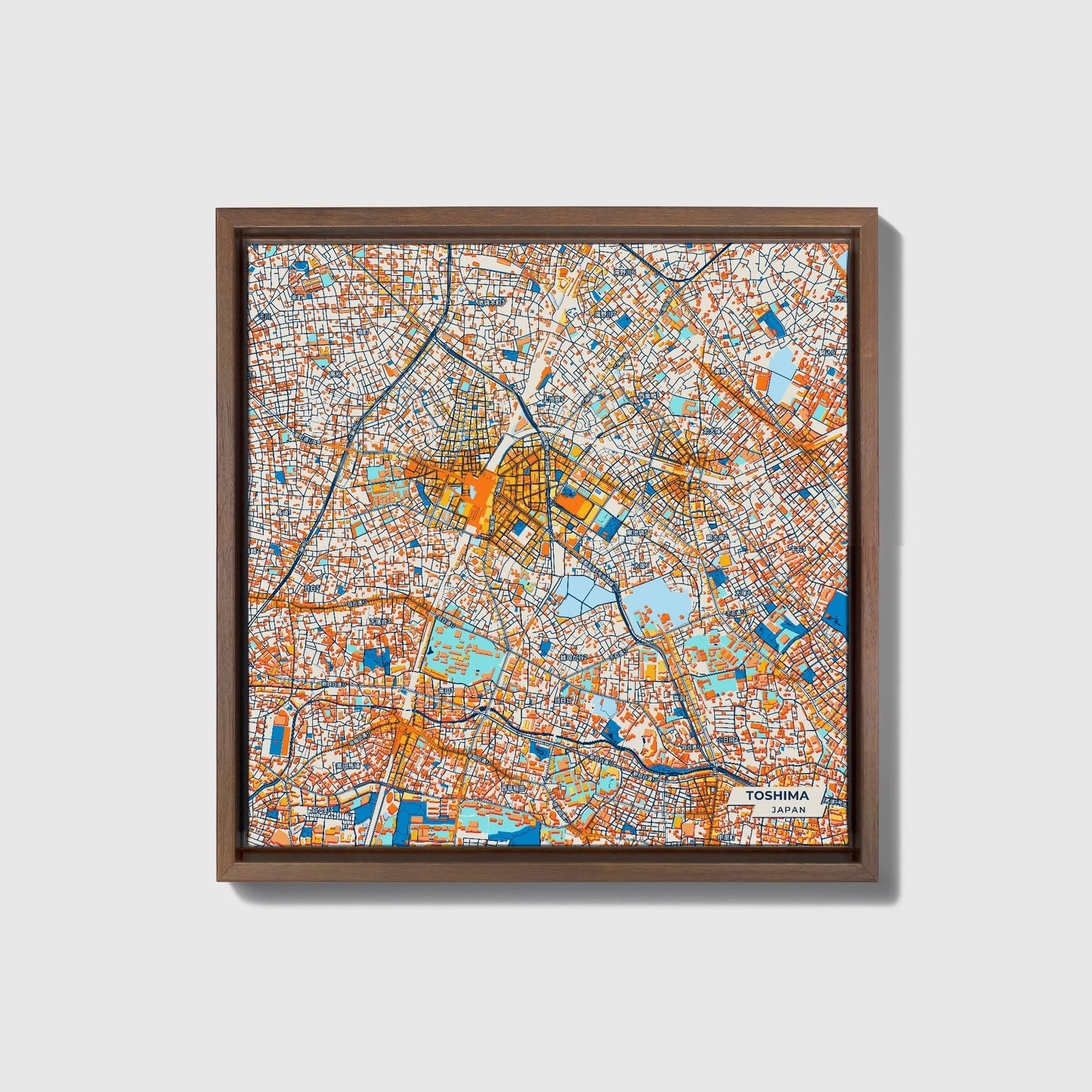 Toshima Japan Colorful City Map Canvas Print • Dark Wooden Framed