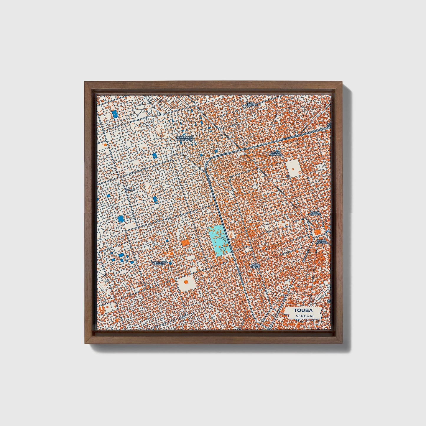 Touba Senegal Colorful City Map Canvas Print • Dark Wooden Framed