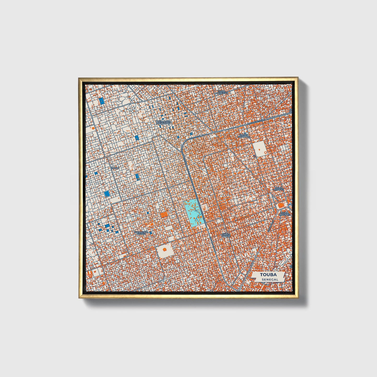 Touba Senegal Colorful City Map Canvas Print • Gold Framed