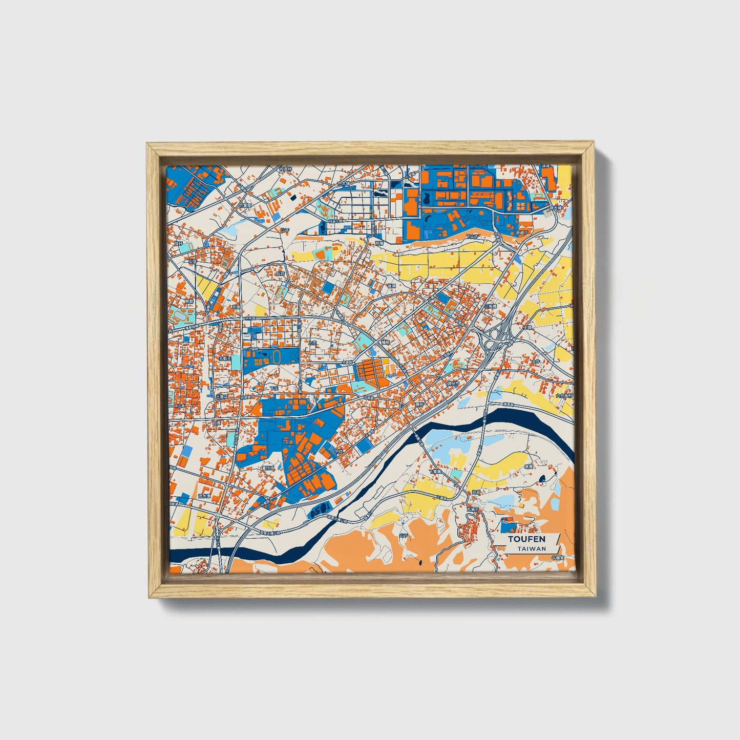 Toufen Taiwan Colorful City Map Canvas Print • Natural Wooden Framed