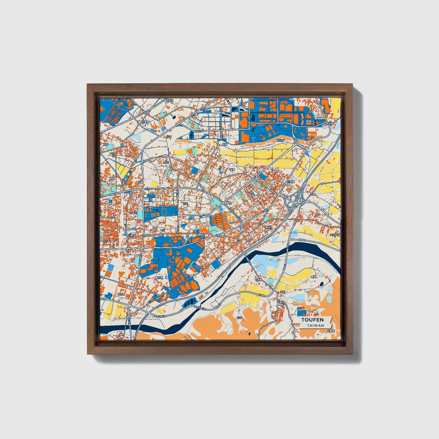 Toufen Taiwan Colorful City Map Canvas Print • Dark Wooden Framed