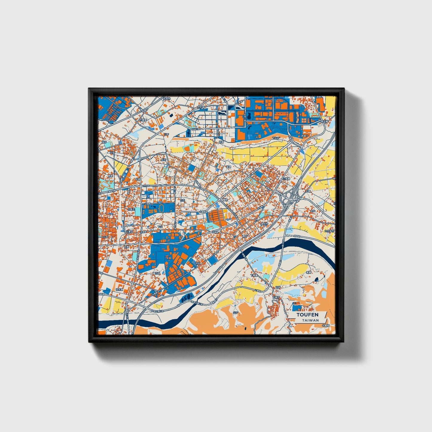 Toufen Taiwan Colorful City Map Canvas Print • Black Framed