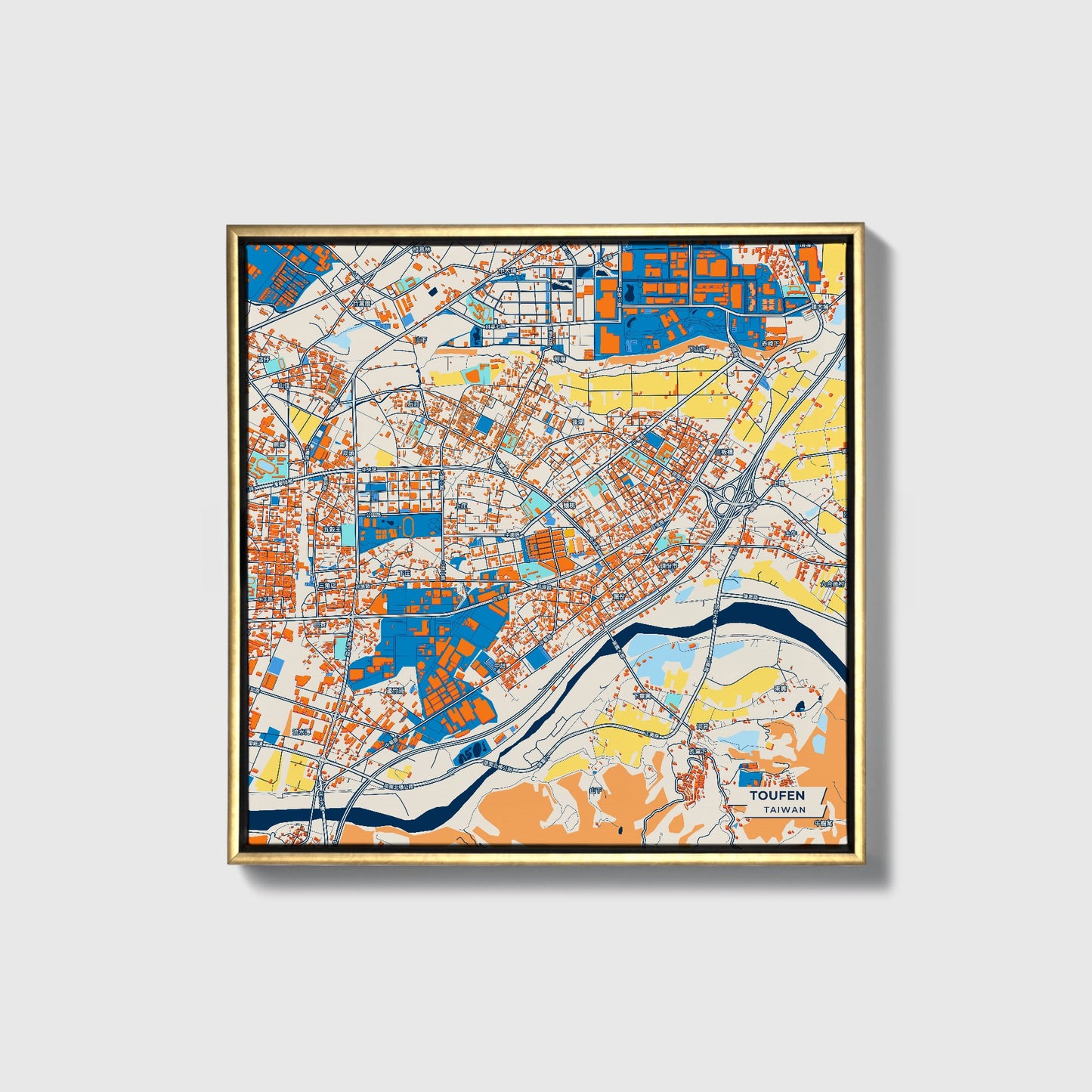 Toufen Taiwan Colorful City Map Canvas Print • Gold Framed