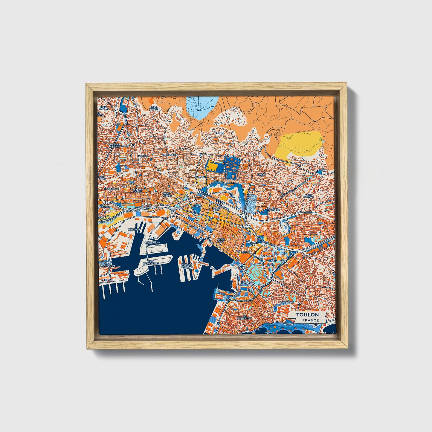 Toulon France Colorful City Map Canvas Print • Natural Wooden Framed