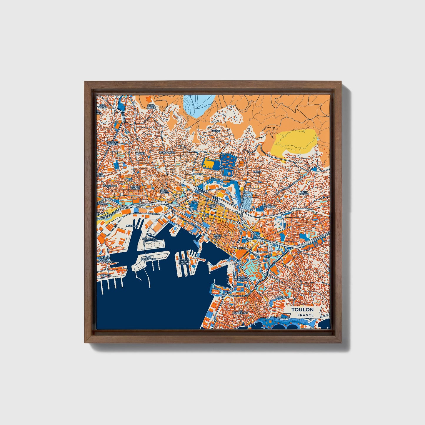 Toulon France Colorful City Map Canvas Print • Dark Wooden Framed