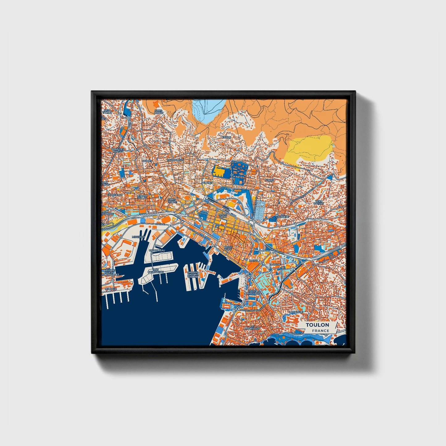 Toulon France Colorful City Map Canvas Print • Black Framed