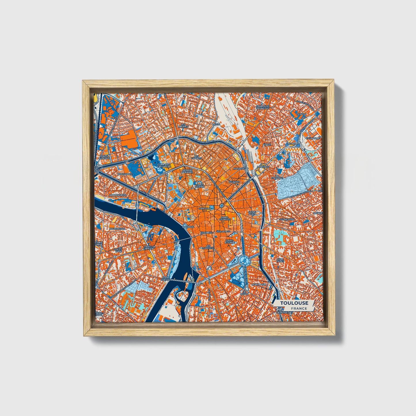 Toulouse France Colorful City Map Canvas Print • Natural Wooden Framed
