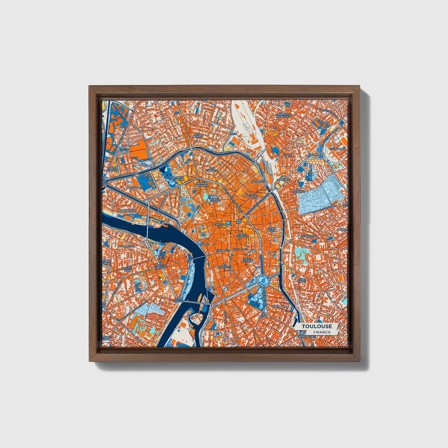 Toulouse France Colorful City Map Canvas Print • Dark Wooden Framed