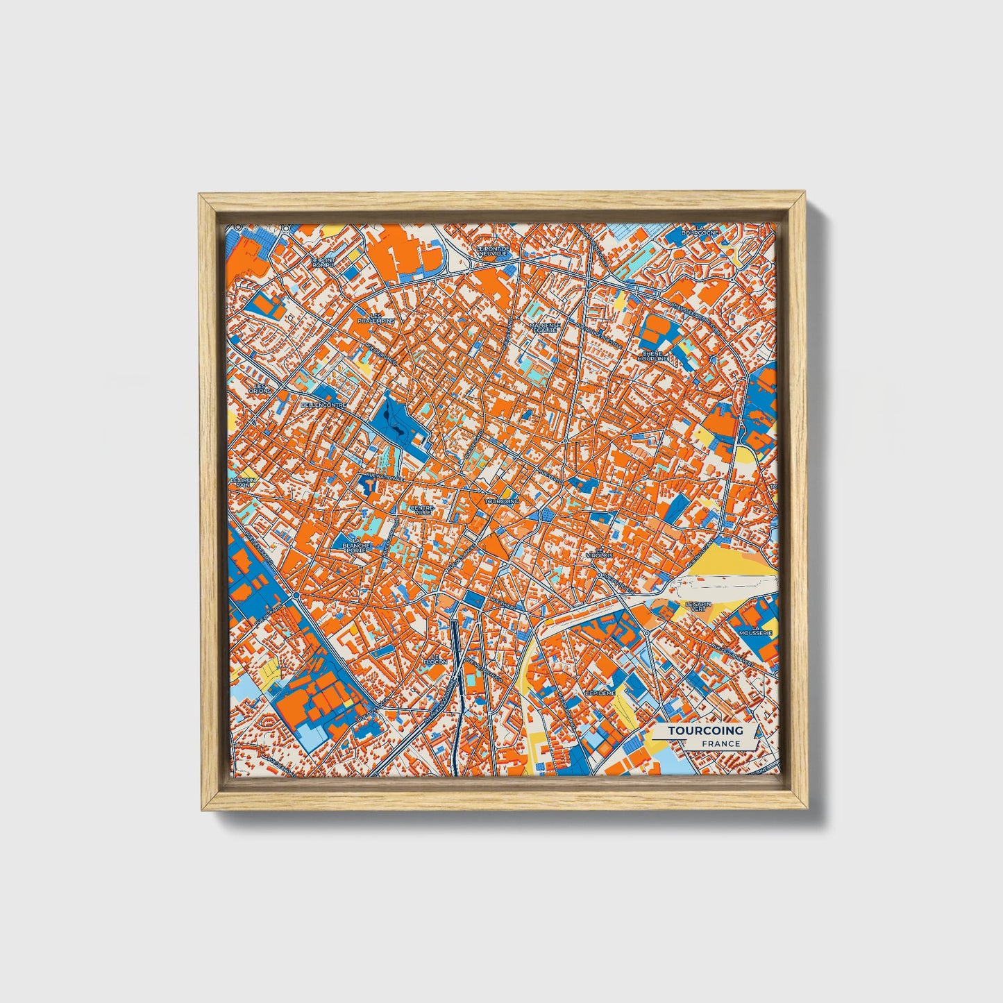 Tourcoing France Colorful City Map Canvas Print • Natural Wooden Framed