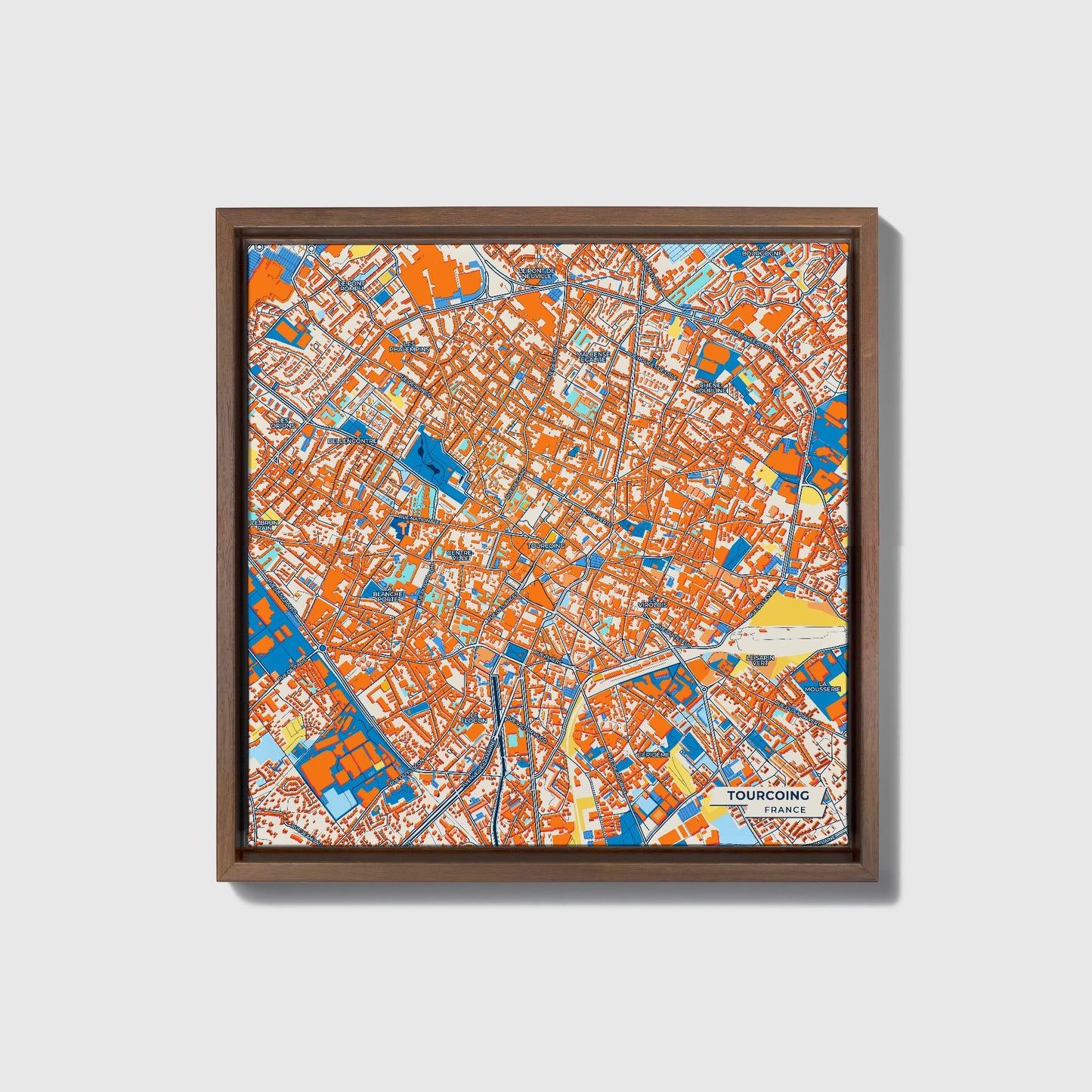 Tourcoing France Colorful City Map Canvas Print • Dark Wooden Framed